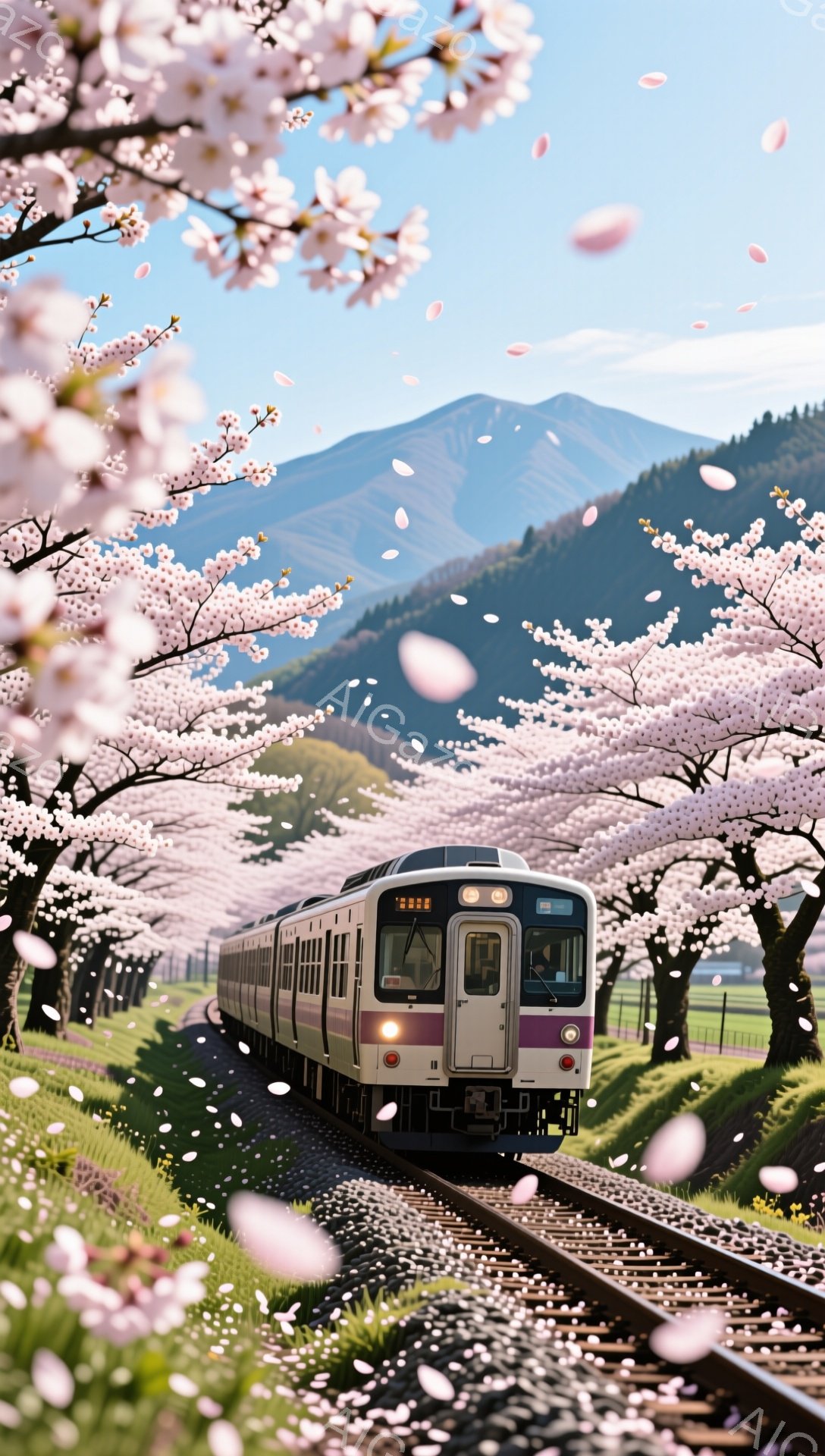 見事な桜並木の中を、紫色の電車がゆっくりと走っている。線路には桜の花びらが舞い、背景には緑の山々が広がり、春の穏やかな風景が広がっている。桜の花びらは、暖かく、穏やかで、夢のような雰囲気を醸し出してい - AI生成フリー素材