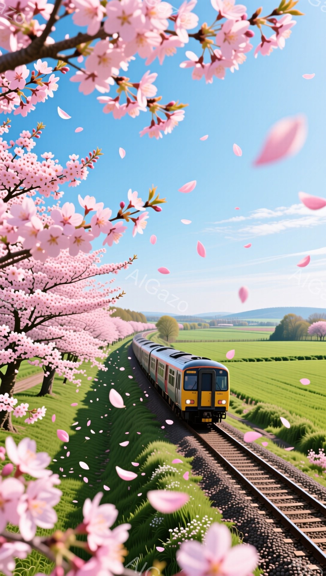 桜の花びらが舞い散る緑豊かな田園風景の中に、黄色い電車が線路を走っている。空は晴れ、遠くには穏やかな丘陵が見え、春の暖かさと穏やかな雰囲気が漂っている。線路沿いには白い小さな花が咲き、春の訪れを告げて - AI生成フリー素材