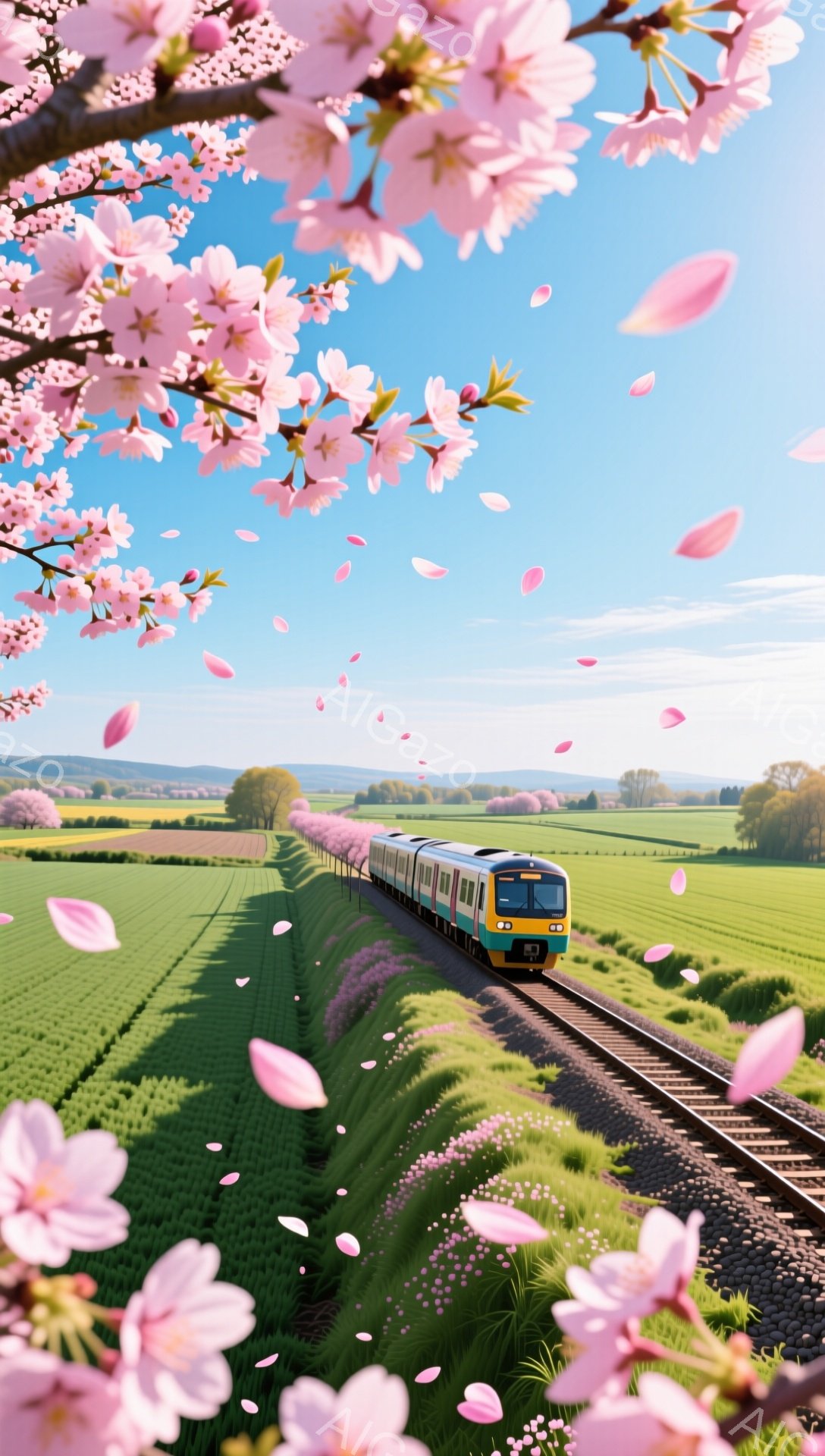 鮮やかな緑の草原とピンク色の桜の花びらが舞う風景の中に、黄色い客車が線路を走っている。空は澄んだ青色で、遠くにはなだらかな丘が見え、春の穏やかな陽気が感じられる。桜並木が線路の両側に咲き誇り、春の訪れ - AI生成フリー素材