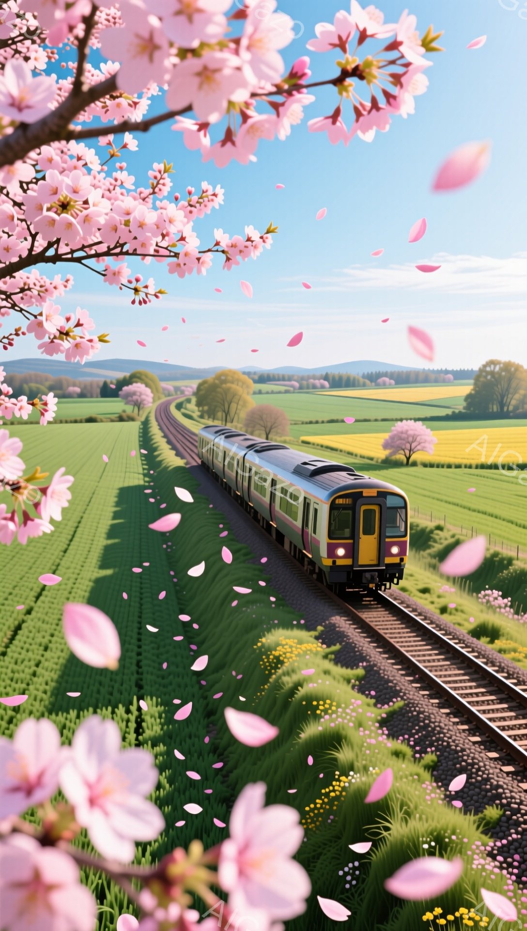 広大な緑の田園風景の中を、黄色と紫色の列車が線路を走っている。桜の花びらが舞い散り、春の穏やかさと優雅な雰囲気を醸し出している。背景にはなだらかな丘と、点在する木々が見え、空は晴れ渡っている。 - AI生成フリー素材