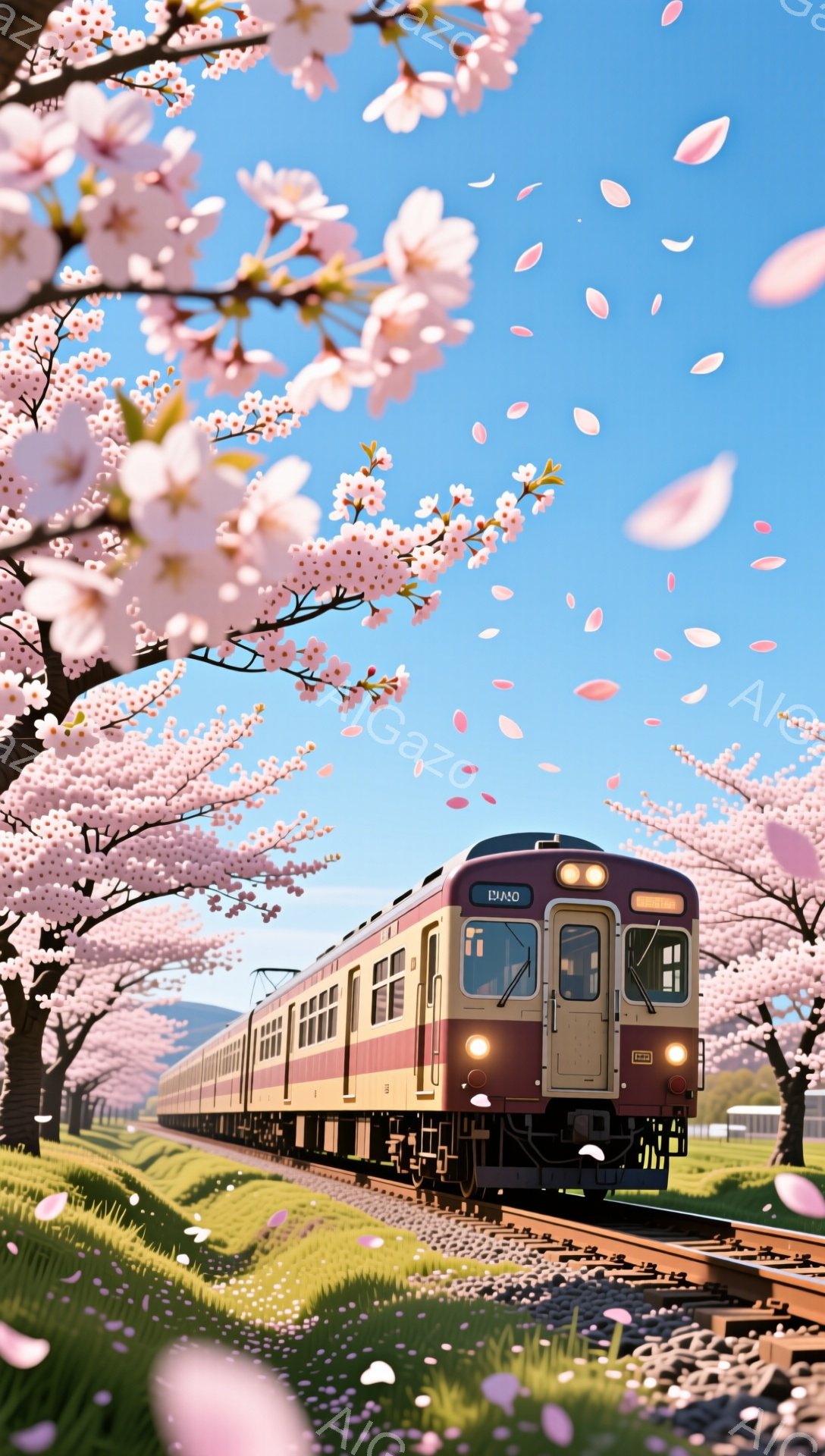 桜並木の中をディーゼル気動車が走っている風景です。ピンク色の桜の花びらが舞い散り、春の暖かく穏やかな雰囲気を醸し出しています。緑豊かな草地と青空が、列車と桜のコントラストを際立たせています。 - AI生成フリー素材