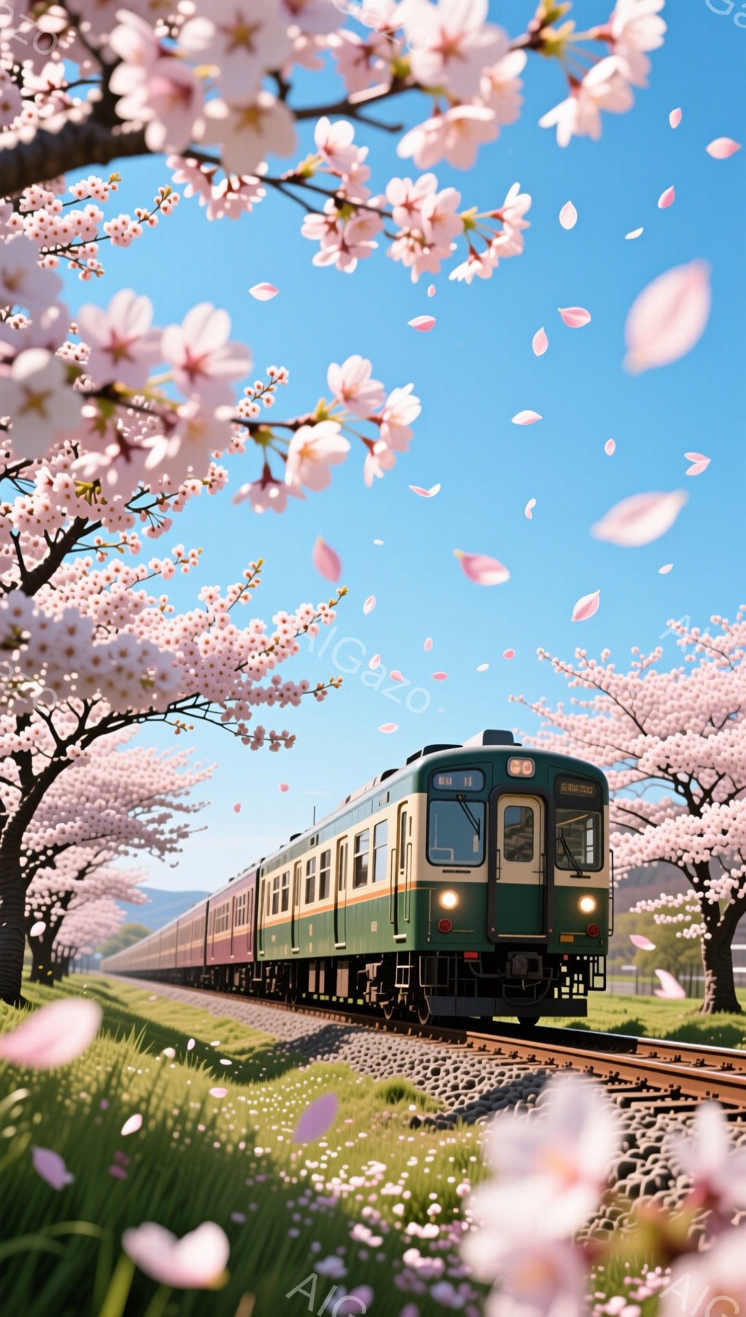 桜並木の中を緑色の列車が走っている風景です。満開の桜の花びらが空中に舞い、列車の上を覆っています。背景には穏やかな丘と青空が広がり、春の穏やかな雰囲気を醸し出しています。