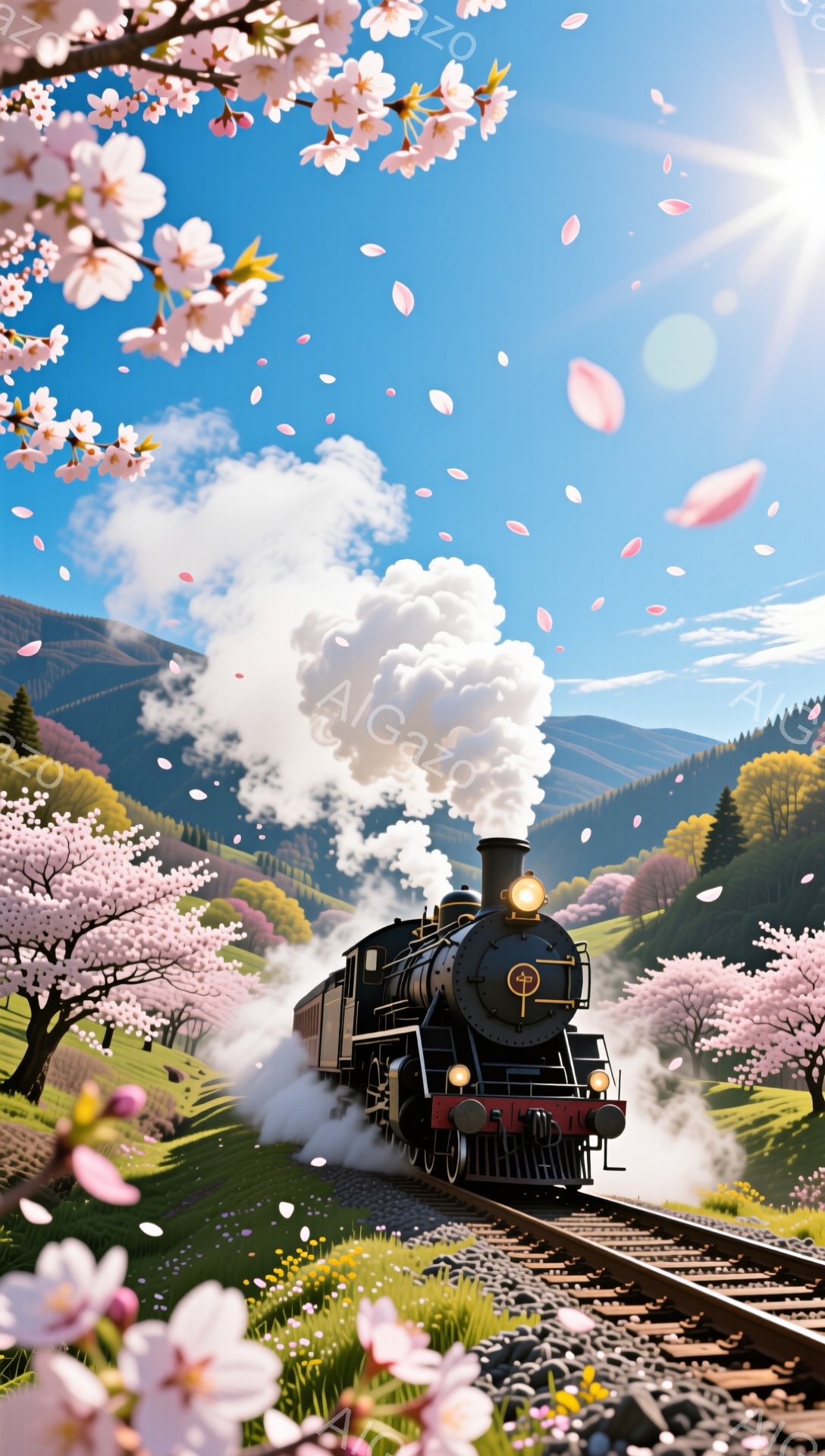 蒸気機関車が桜並木の中を走っており、線路には桜の花びらが舞い散っている。背景には緑豊かな丘陵地帯と、うっすらと見える山々が広がり、空は晴れやかで穏やかな春の日の雰囲気が漂っている。機関車の煙突からは白 - AI生成フリー素材
