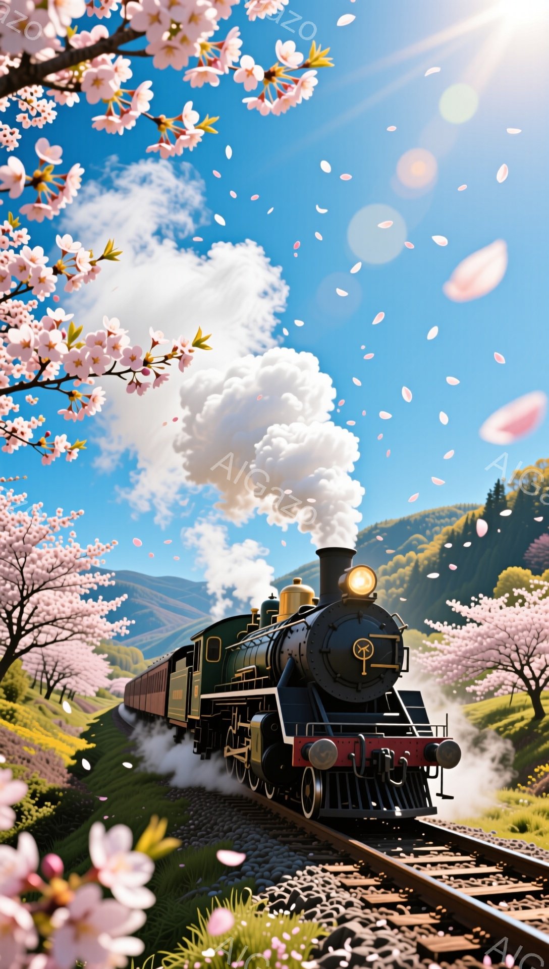 蒸気機関車が桜並木の中を走っている様子が描かれています。ピンク色の桜の花びらが舞い散り、春の暖かく穏やかな雰囲気を醸し出しています。遠景には緑の丘と青空が広がり、機関車の緑色が桜色と調和し、美しいコン - AI生成フリー素材