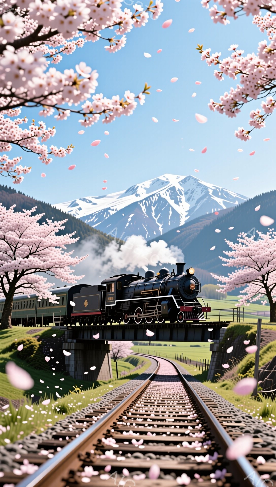 鉄道が桜並木の中を走る風景です。背景には雪を抱いた山々が広がり、春の穏やかな天候と調和しています。線路の上や周囲には桜の花びらが舞い散り、夢のような情景を演出しています。 - AI生成フリー素材