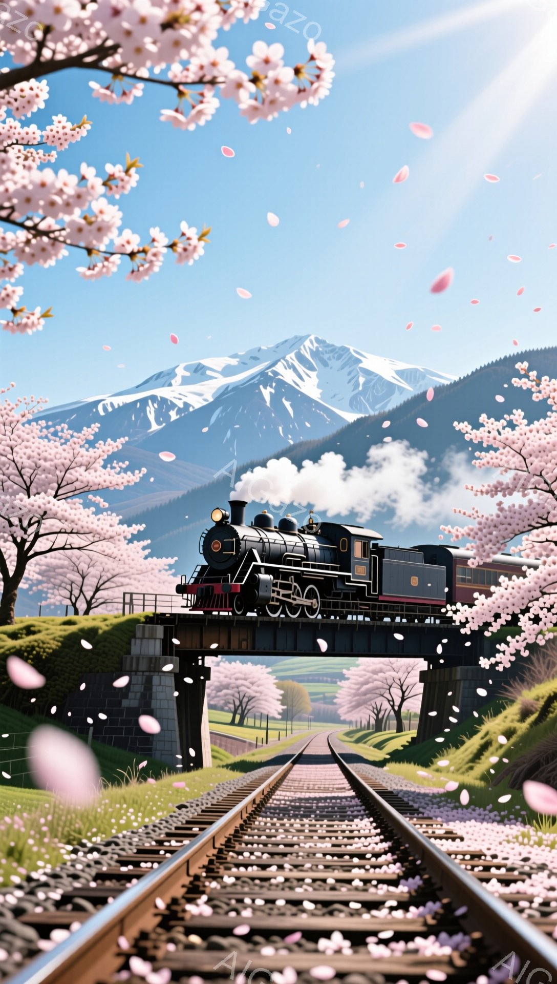 鉄道の線路が桜並木の中をまっすぐに伸び、蒸気機関車が石造りの橋を渡っている風景です。背景には雪を抱いた山々がそびえ立ち、空は晴れやかで、桜の花びらが舞い散り、春の暖かく穏やかな雰囲気を醸し出しています - AI生成フリー素材
