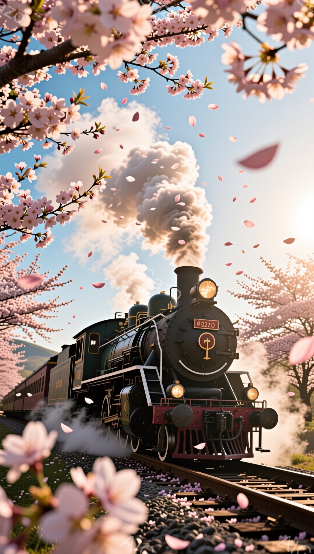 蒸気機関車が桜並木の中を走っており、ピンク色の桜の花びらが舞い散っている美しい風景です。機関車の黒いボディと桜のコントラストが印象的で、空には雲が広がり、穏やかな春の日の雰囲気を醸し出しています。線路 - AI生成フリー素材