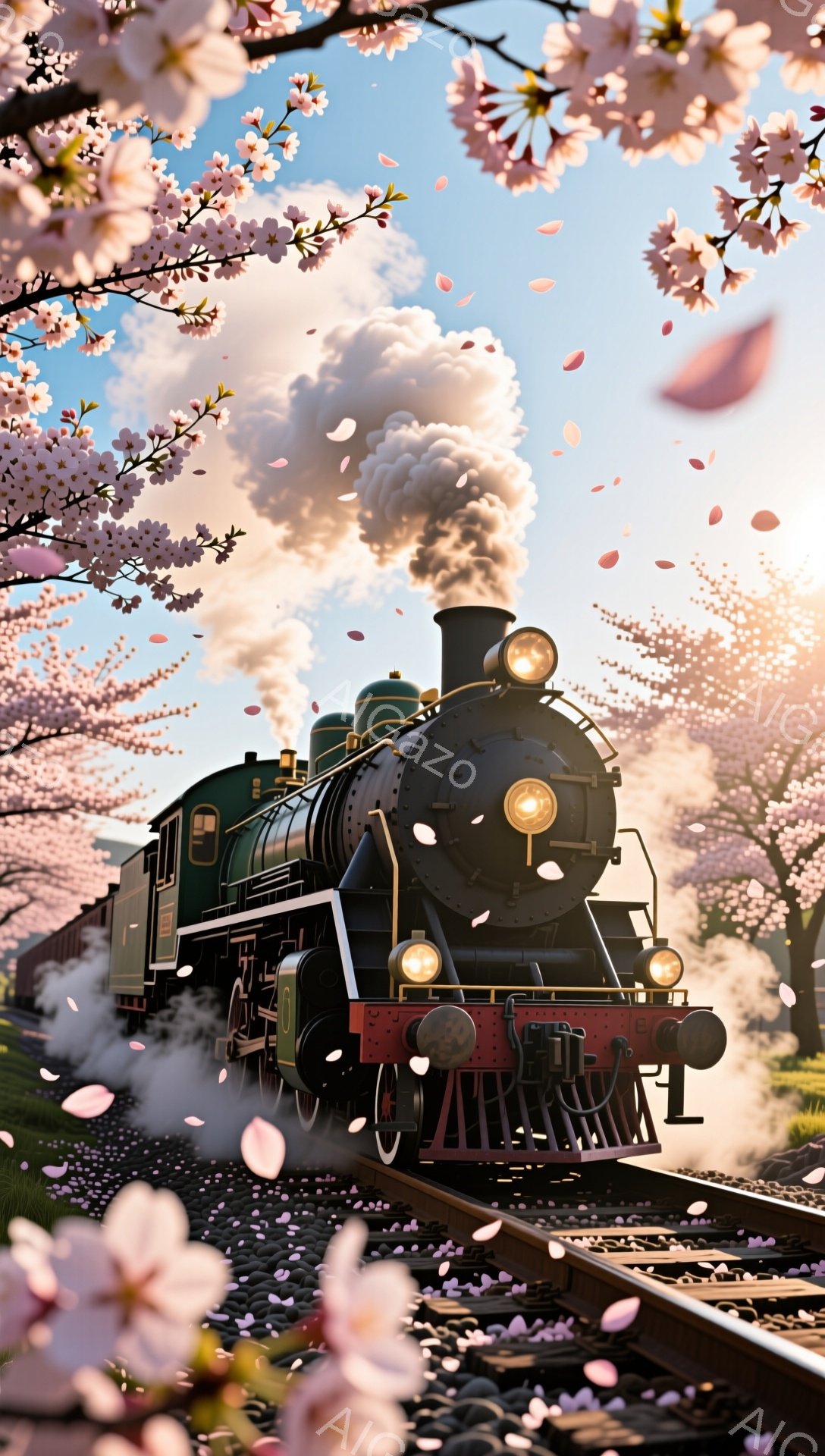 蒸気機関車が桜並木の中を力強く走っている様子が描かれています。空は夕焼けのような暖色で、桜の花びらが舞い散り、春の訪れを感じさせる幻想的な光景です。機関車の周りにはピンク色の桜が咲き乱れ、列車は優雅でノスタルジックな雰囲気を醸し出しています。