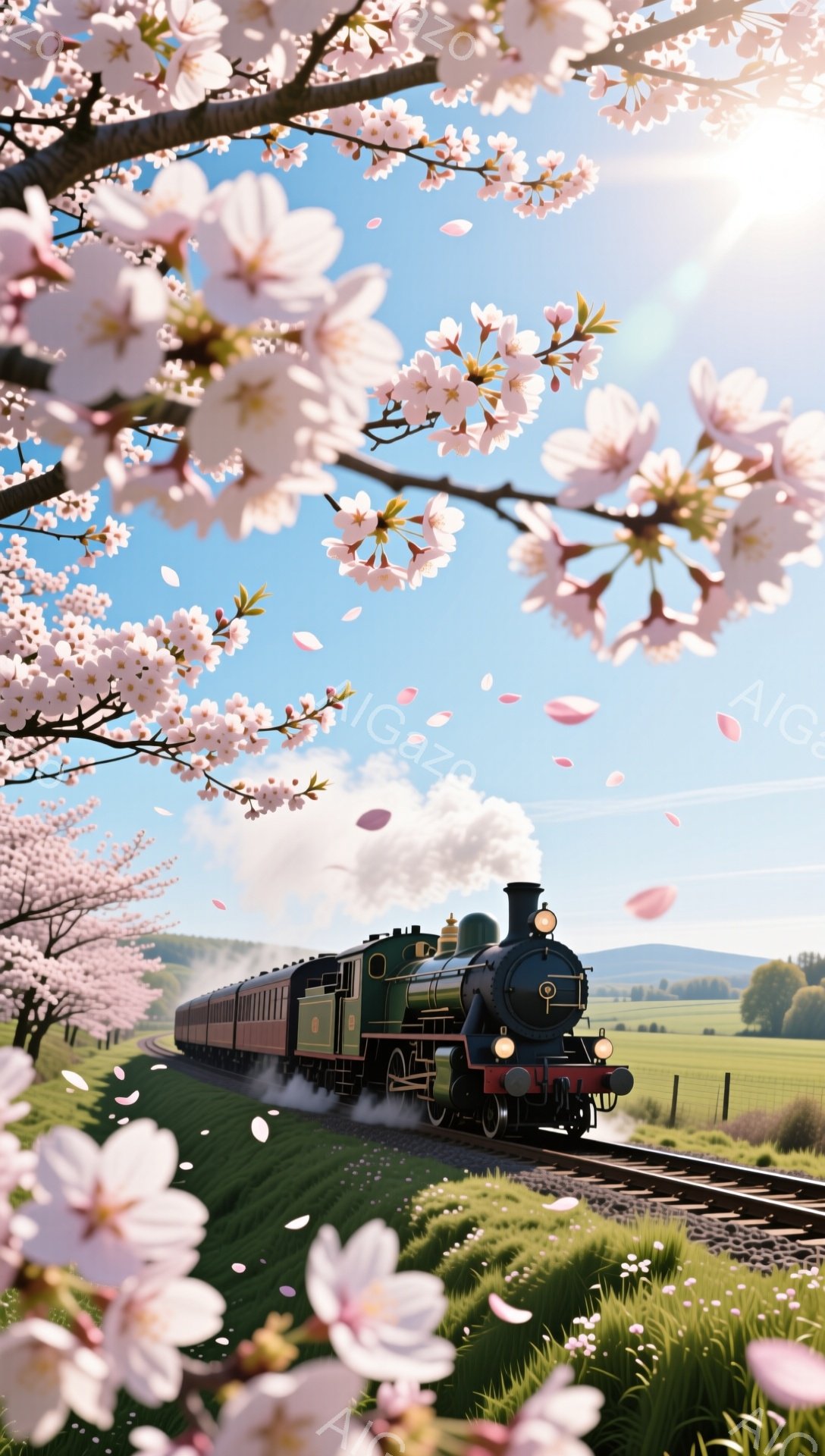 満開の桜が舞い散る中、緑色の蒸気機関車が田園地帯の線路を走っている。青空と緑の草原、遠くに見える丘が春の穏やかな風景を作り出しており、機関車の白い煙がその幻想的な雰囲気をさらに高めている。桜の花びらが - AI生成フリー素材