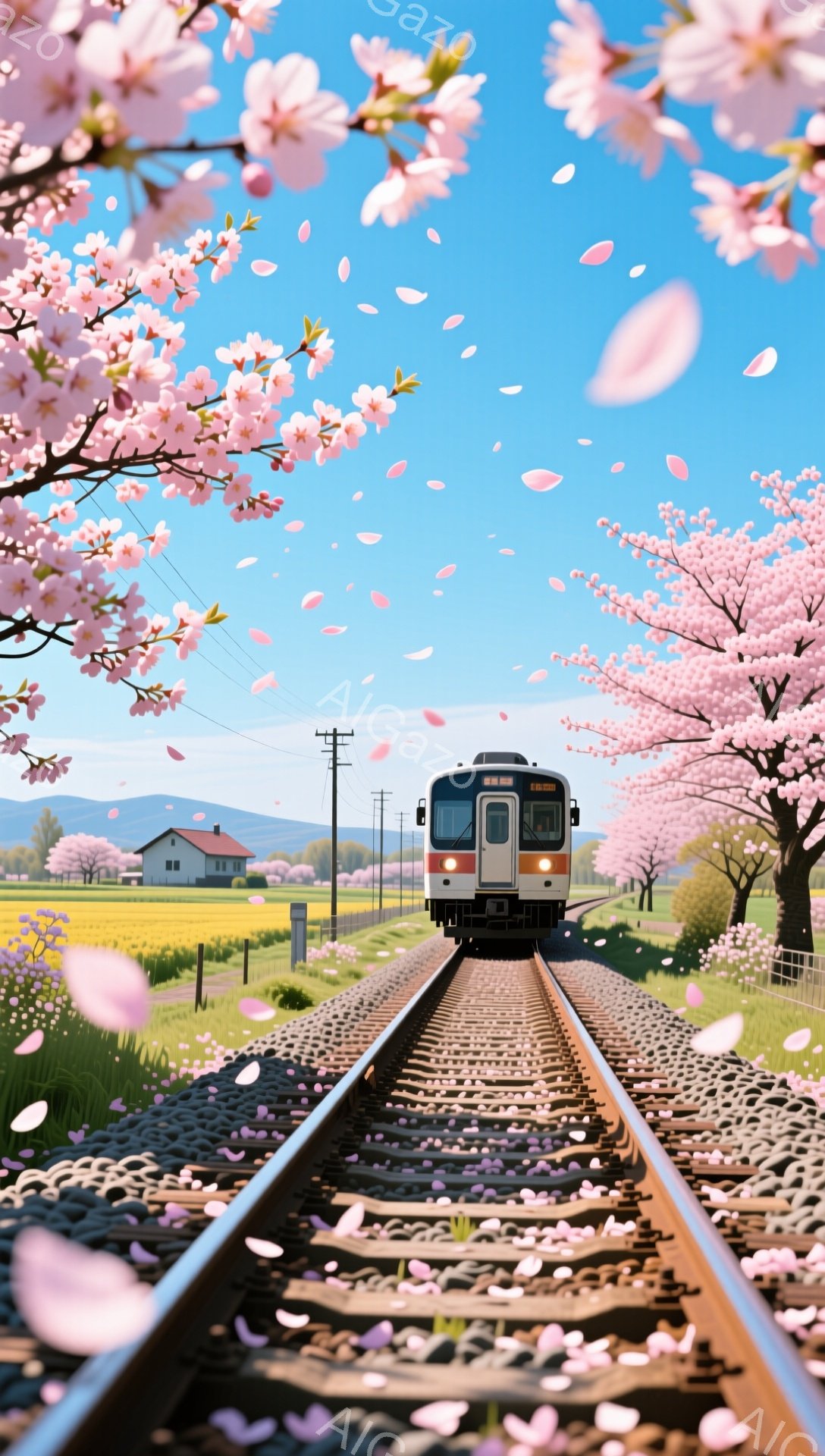 鉄道線路が春の風景の中に伸びており、ピンク色の桜の花びらが舞い散っている。線路の先にオレンジと白の電車が向かってきており、その周りには緑豊かな草地と黄色い花が咲き乱れている。背景には、可愛らしい家々と遠くに見える山々が広がり、晴天の下、暖かく穏やかな雰囲気を醸し出している。