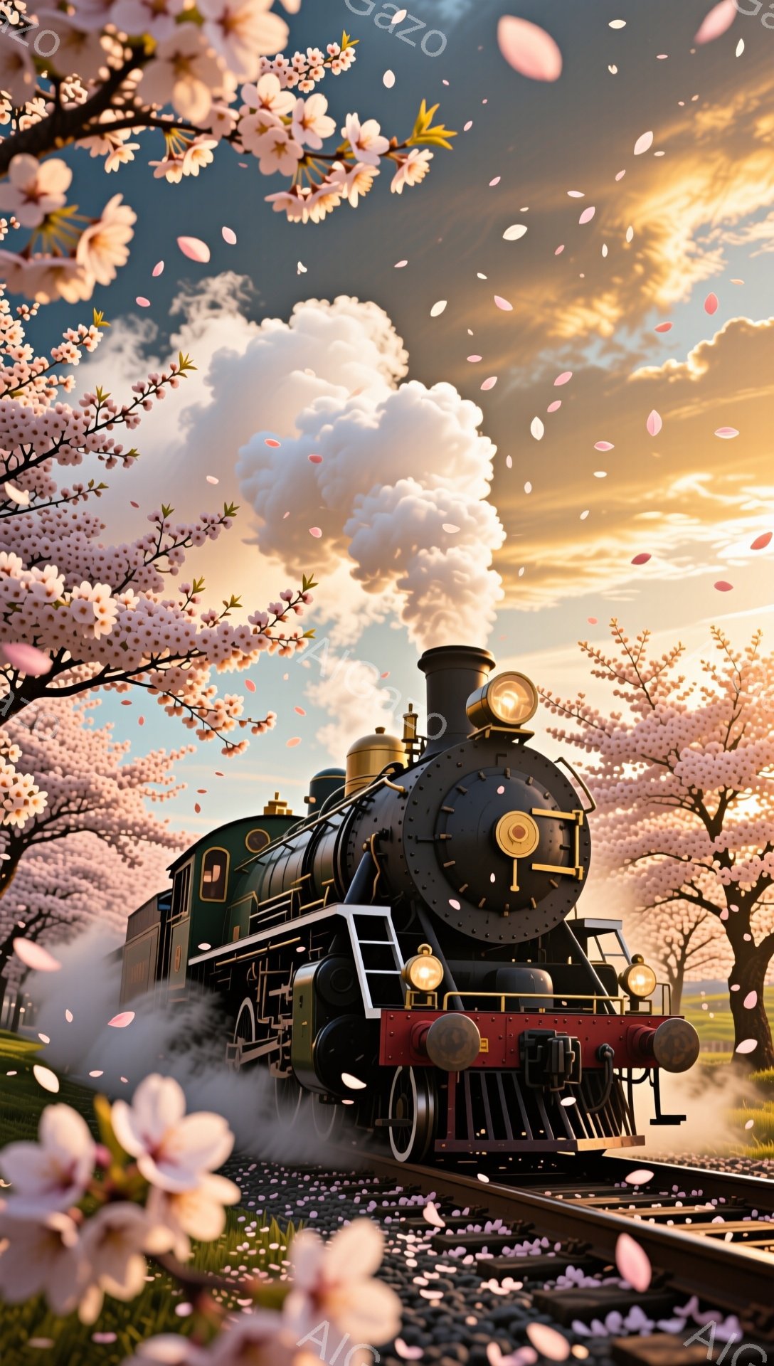 蒸気機関車が桜並木の中を走っている様子が描かれています。機関車は黒と緑色で、赤い車輪とバッファーが特徴的です。背景には、満開の桜と、夕焼けのような空が広がっており、幻想的な雰囲気です。