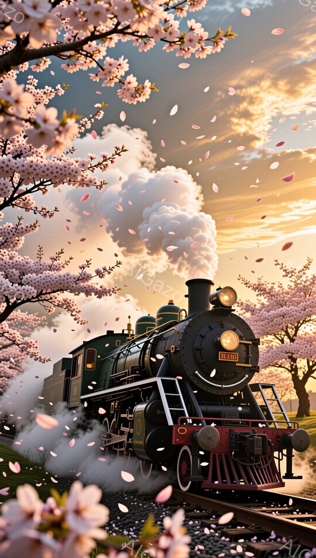 蒸気機関車が桜並木の中を走っている様子が描かれています。緑色の車体は古風で、煙突からは白い蒸気が立ち上り、周囲には桜の花びらが舞い散っています。背景には夕焼け空が広がり、暖かく幻想的な雰囲気を醸し出し - AI生成フリー素材
