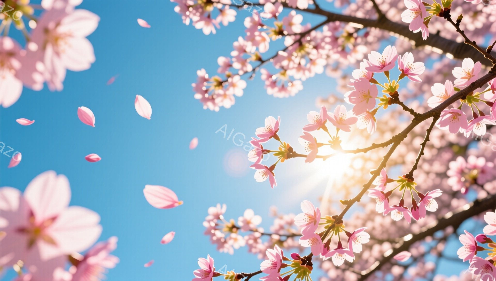 満開の桜が空に向かって咲き誇り、花びらが舞い散っている様子が捉えられています。背景は鮮やかな青空で、太陽の光が桜の花びらを照らし、春の暖かさと希望に満ちた雰囲気を醸し出しています。光の加減と花びらの散り具合から、穏やかで美しい春の情景が伝わってきます。
