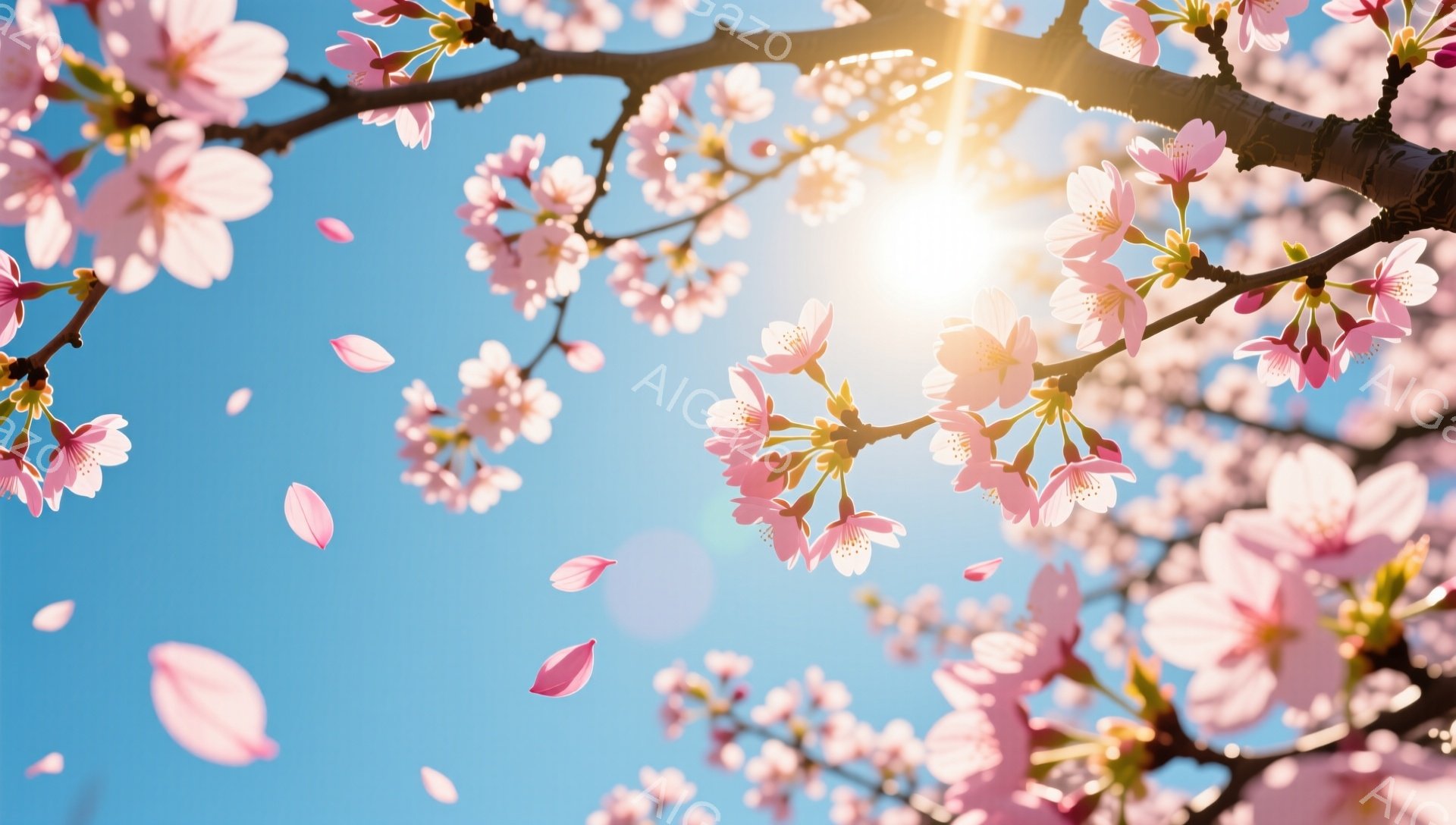 鮮やかな青空を背景に、桜の花びらが舞い散る様子が捉えられています。満開の桜の枝が画面上部から伸びており、柔らかな日差しが花びらを照らし出しています。春の暖かく穏やかな雰囲気が感じられる、美しい情景です - AI生成フリー素材