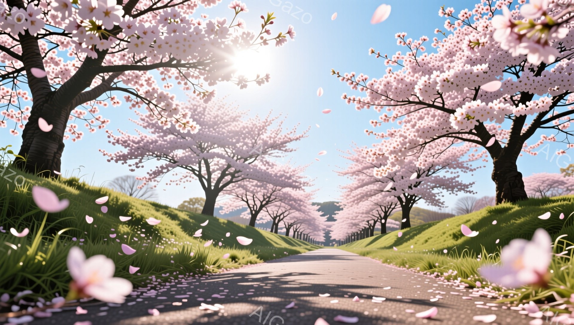 桜並木が続く道が描かれており、散りゆく桜の花びらが舞い、春の穏やかな雰囲気を醸し出しています。道路の両脇には緑の丘が広がり、空には太陽が輝き、暖かく柔らかな光が全体を包み込んでいます。この風景は、春の訪れと自然の美しさを表現した、平和で幻想的な光景です。