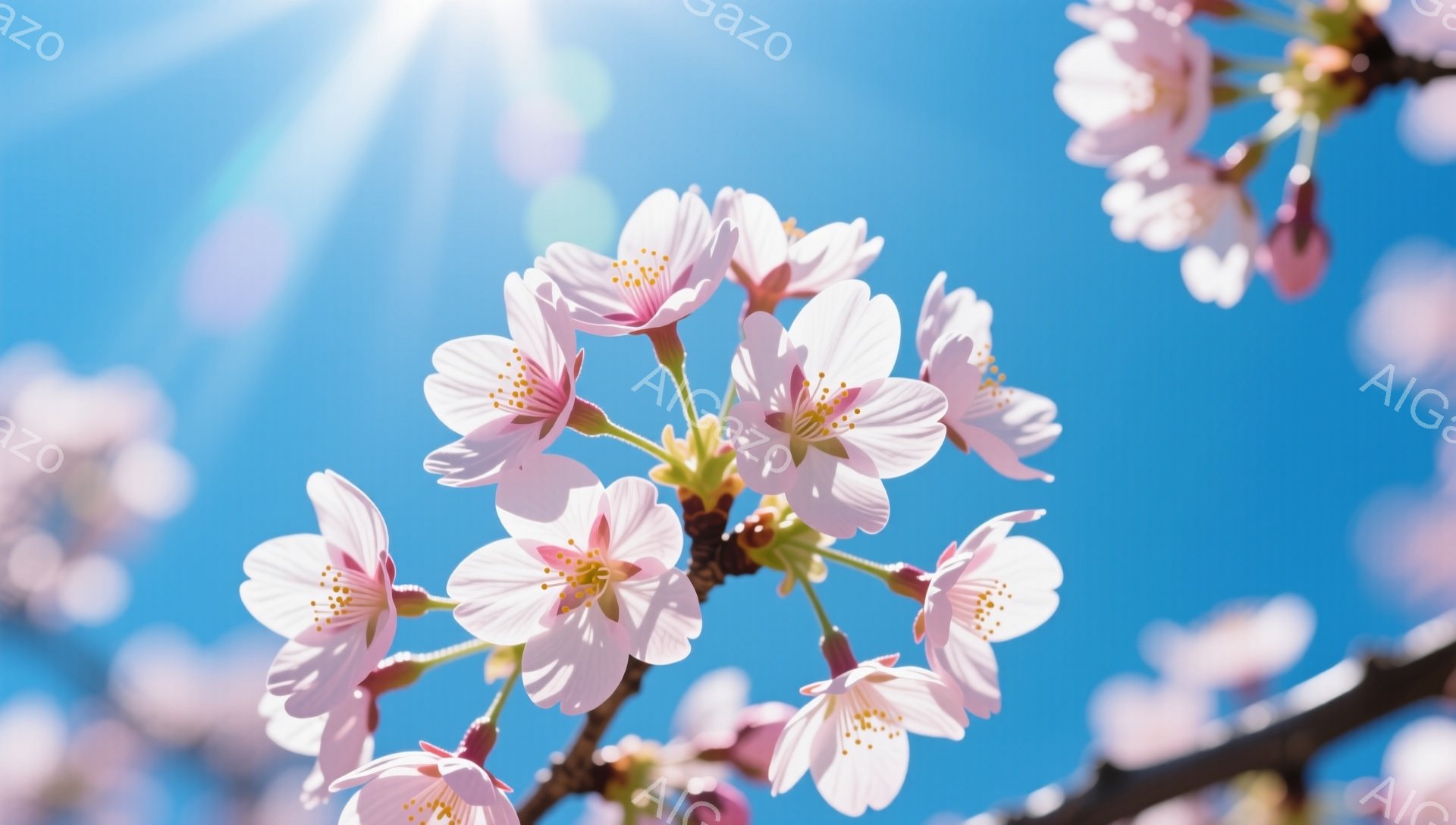 鮮やかな青空を背景に、桜の花が咲き誇っている様子が写っている。薄桃色の花びらは繊細で、中心部には黄色い花粉がわずかに覗く。強い太陽光が差し込み、花びらを明るく照らし出しており、春の暖かさと生命力に満ち - AI生成フリー素材