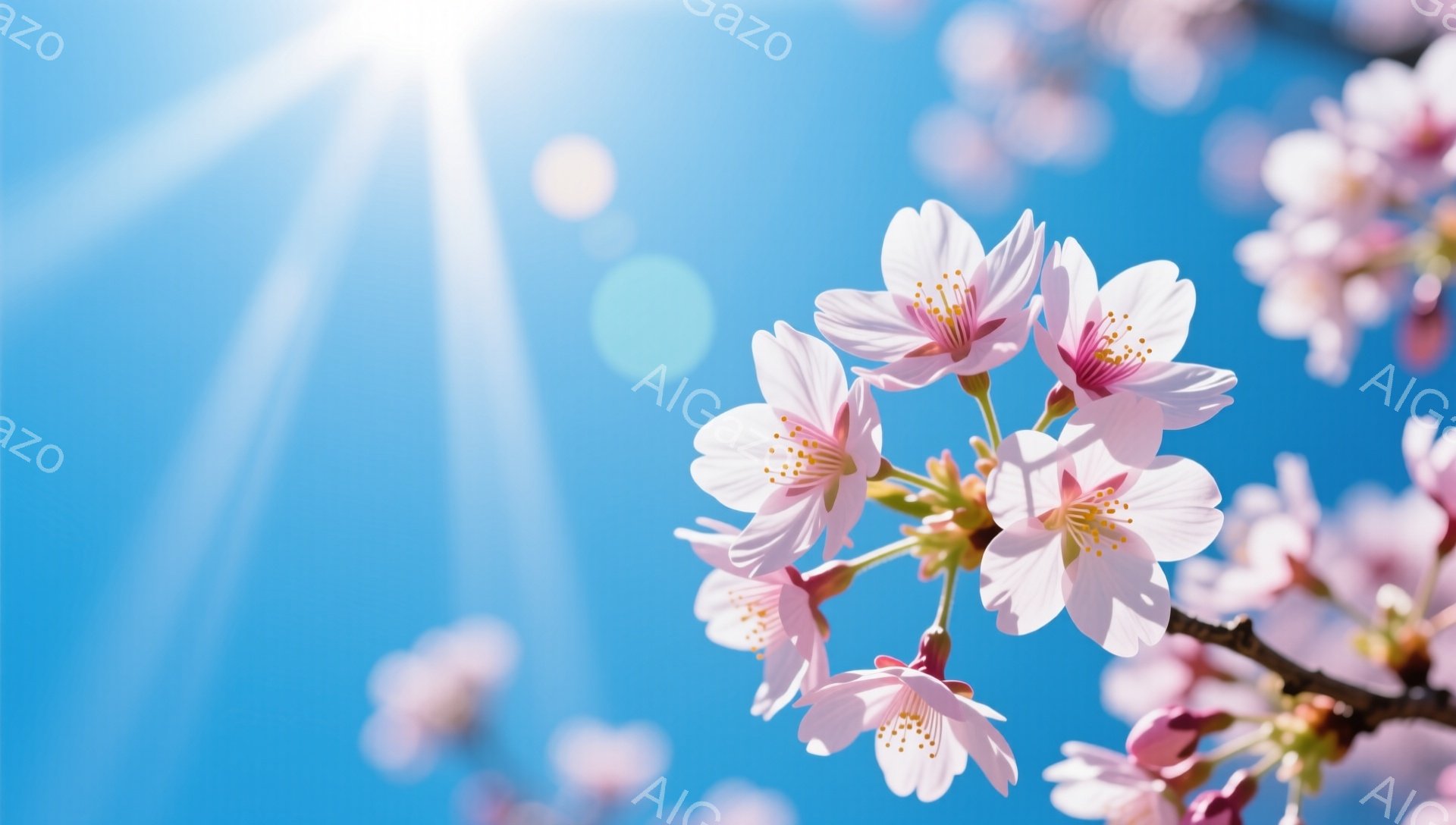 鮮やかな青空を背景に、桜の花が咲き誇っています。ピンク色の花びらは繊細で、中央には黄色い雄しべが見えます。強い太陽光が差し込み、春の暖かく穏やかな雰囲気を表現しています。 - AI生成フリー素材