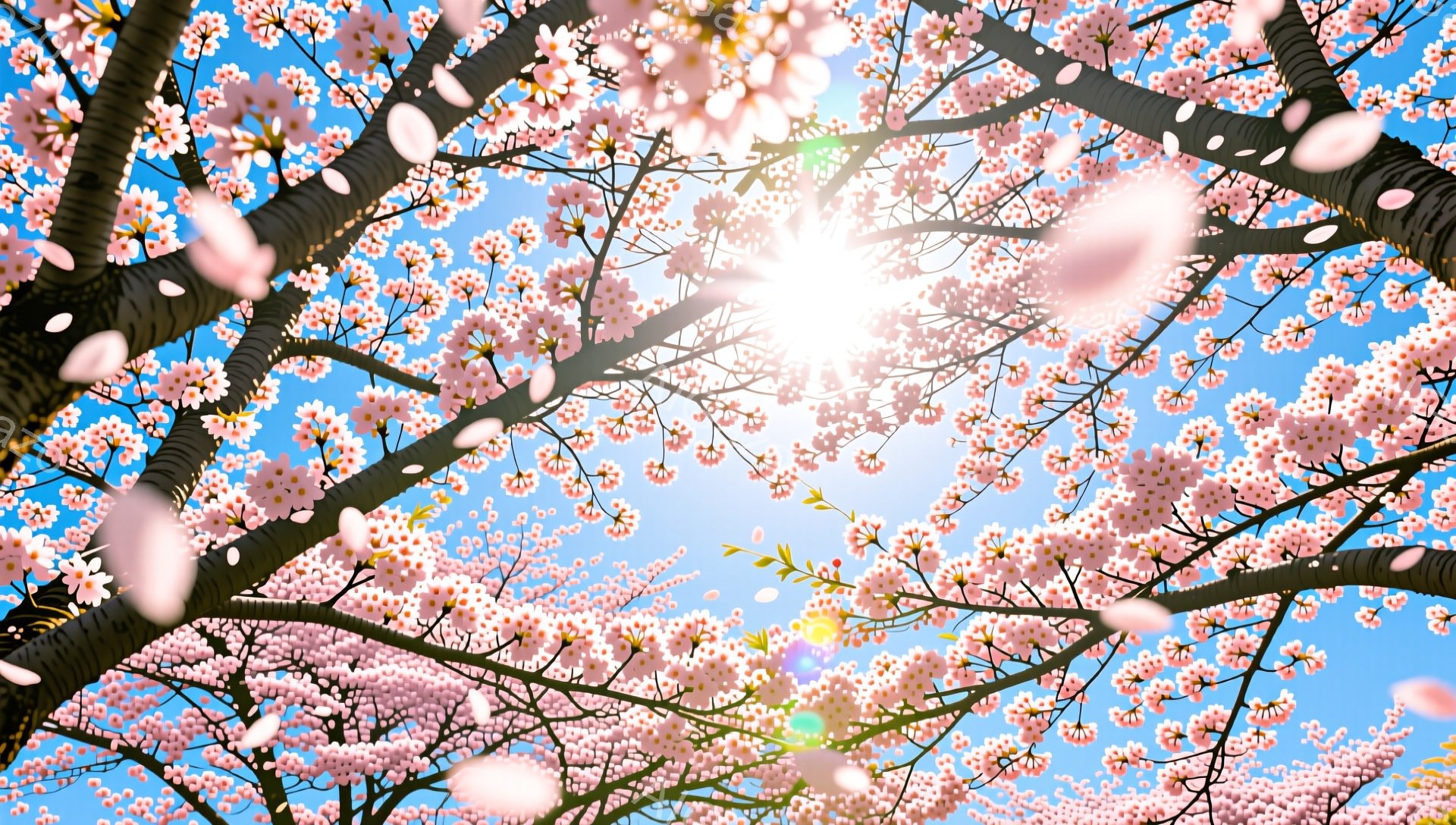 満開の桜が空いっぱいに広がり、まるでトンネルのように見える美しい光景です。太陽が桜の隙間から差し込み、花びらが舞い散る様子が幻想的な雰囲気を醸し出しています。鮮やかな青空とのコントラストが、春の暖かさと生命力を感じさせます。