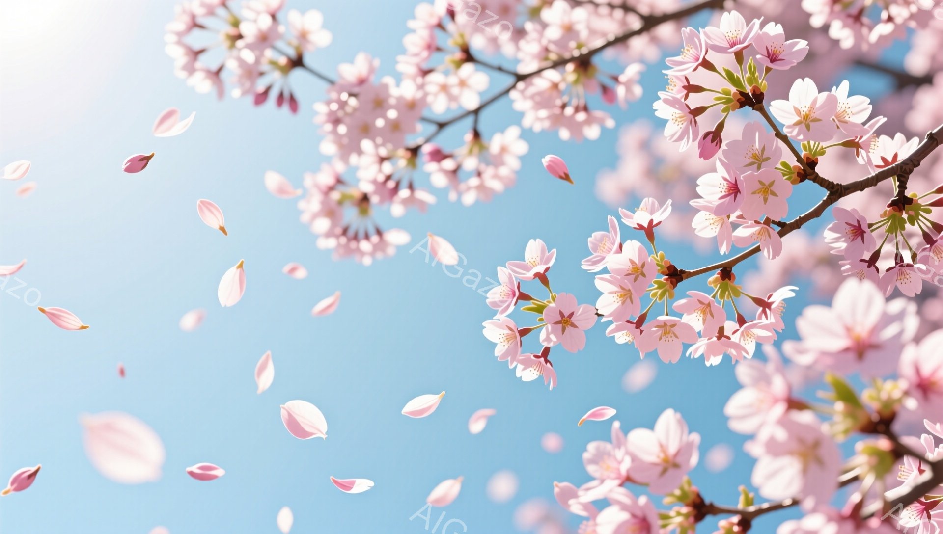 満開の桜の花びらが、青空を背景に舞い散っている様子が捉えられています。枝は画面の上部に配置され、ピンク色の花が咲き誇り、春の暖かさと穏やかな雰囲気を伝えています。背景は明るい青空で、花びらが風に吹かれ - AI生成フリー素材