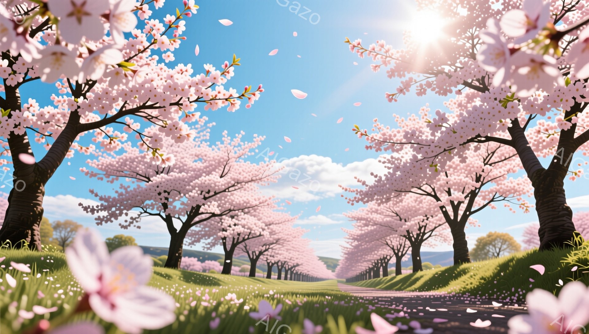 桜並木が続く道が描かれており、満開の桜の花びらが舞い散っている様子が印象的です。鮮やかな青空と緑の芝生、そして遠くに見える丘が春の暖かさと穏やかさを表現しています。全体的に明るく、希望に満ちた雰囲気を感じさせるイラストレーションです。