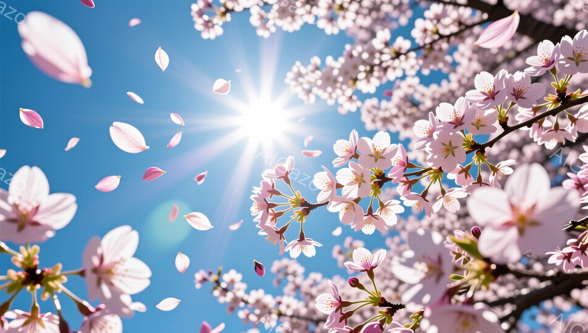 鮮やかな青空を背景に、桜の花びらが舞い散る様子が捉えられています。桜の枝は画面いっぱいに広がり、ピンク色の花が密集して咲き誇り、太陽の光が花びらを照らし、春の暖かさを感じさせます。光の加減と花びらの散 - AI生成フリー素材