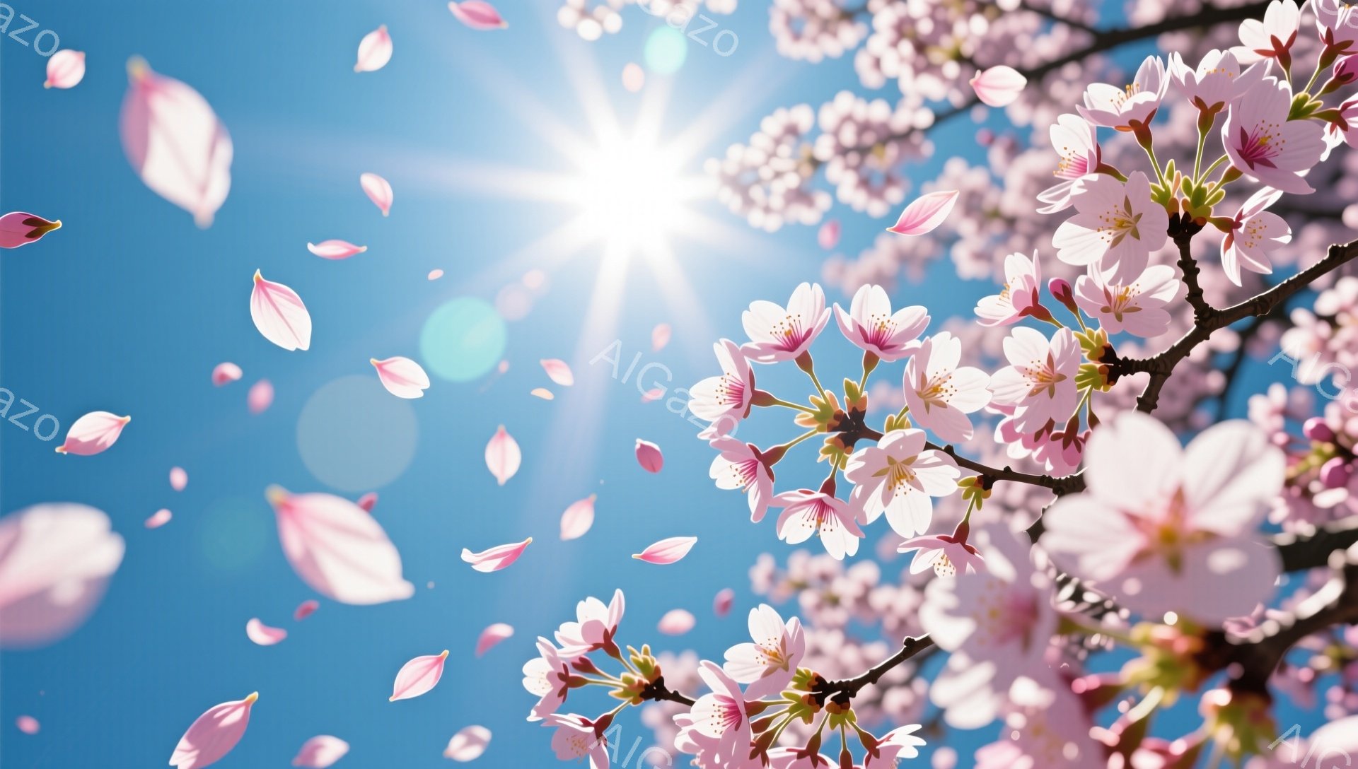 鮮やかな青空の下、桜の花びらが舞い散る様子が捉えられています。薄ピンク色の桜の花は満開で、太陽の光を受けて輝き、春の暖かさと儚さを表現しています。背景は空のみで、花びらがより際立ち、穏やかで希望に満ち - AI生成フリー素材