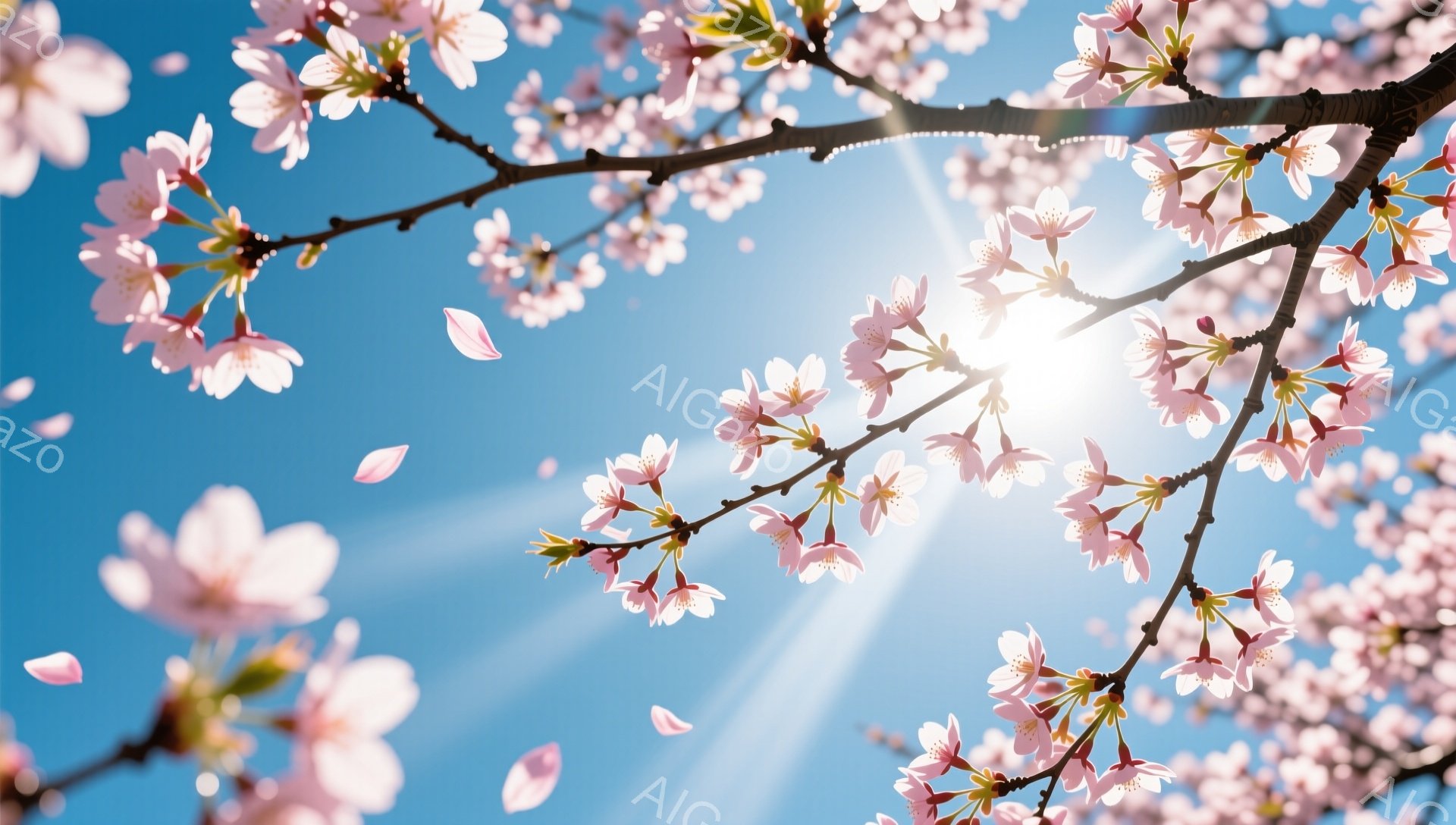 鮮やかな青空を背景に、桜の花びらが舞い散る様子が捉えられています。太陽の光が花びらを照らし、春の暖かさと希望を感じさせる美しい瞬間です。枝にはピンク色の桜が満開で、自然の美しさが際立っています。