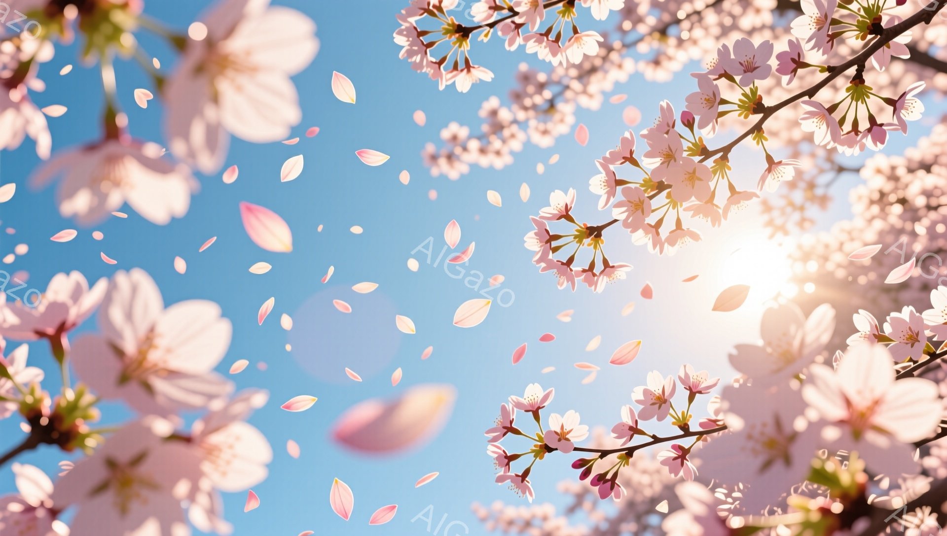 鮮やかな青空の下、桜の花びらが舞い散る様子が捉えられています。満開の桜の枝が画面を埋め尽くし、光が花びらを照らし、幻想的な雰囲気を醸し出しています。春の暖かさと美しさが凝縮された、希望に満ちた情景です - AI生成フリー素材