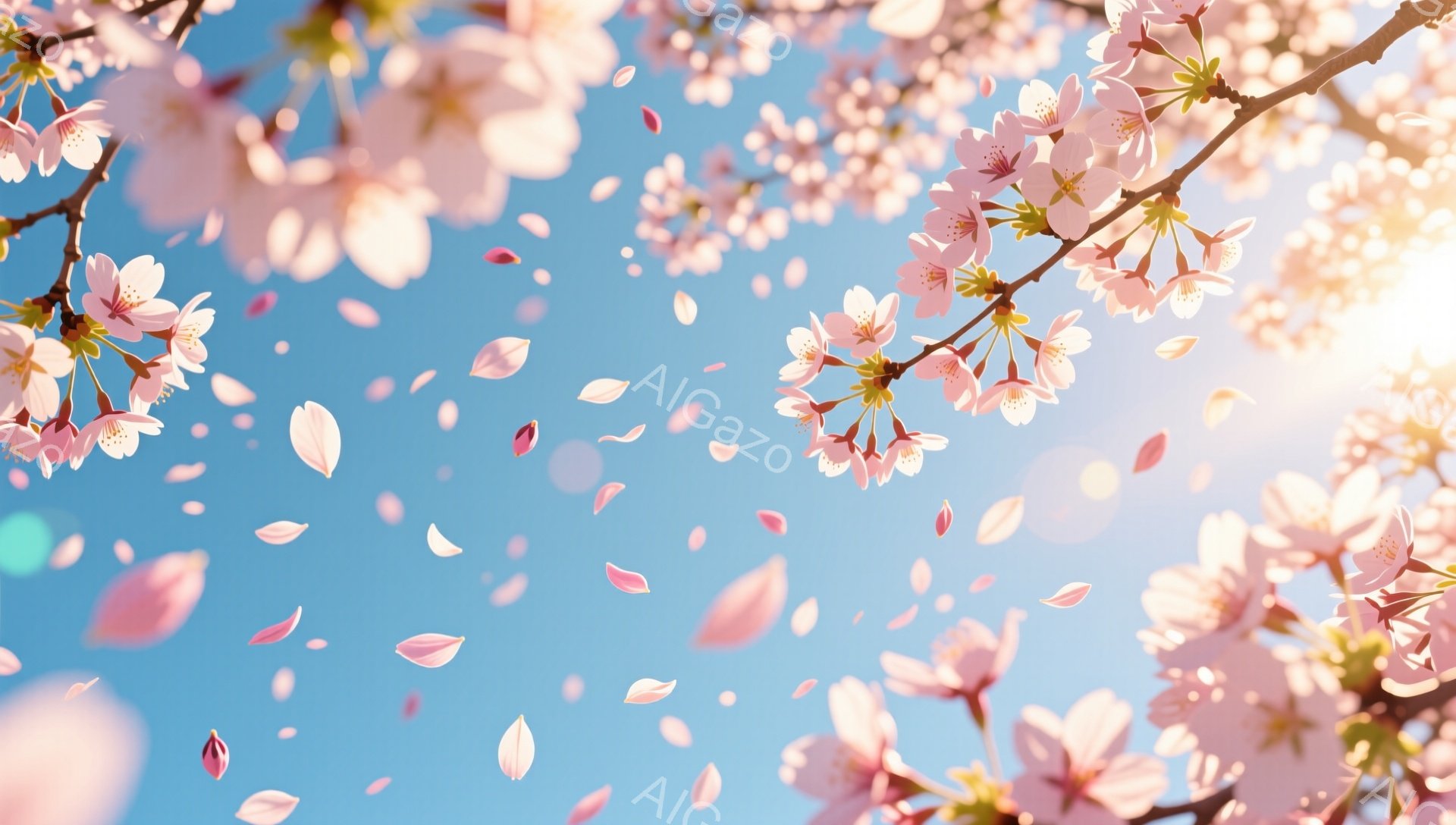 満開の桜の花びらが、青空を背景に舞い散っている様子が捉えられています。太陽の光が花びらを照らし、明るく幻想的な雰囲気を醸し出しています。春の暖かさと優しさを感じさせる、美しい風景です。 - AI生成フリー素材