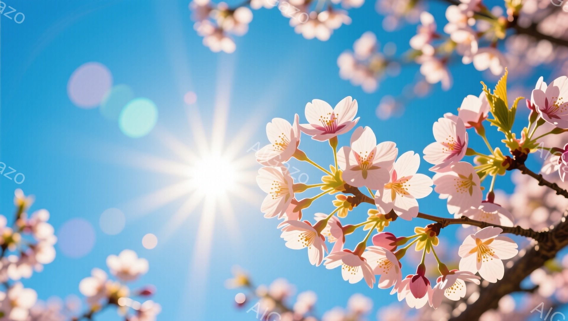 鮮やかな青空の下、桜の花が満開の枝が写っている。太陽が強く輝き、花びらを通して光が差し込み、春の暖かさと希望を感じさせる。背景にはぼやけた桜の花が広がり、全体的に穏やかで明るい雰囲気が漂っている。 - AI生成フリー素材