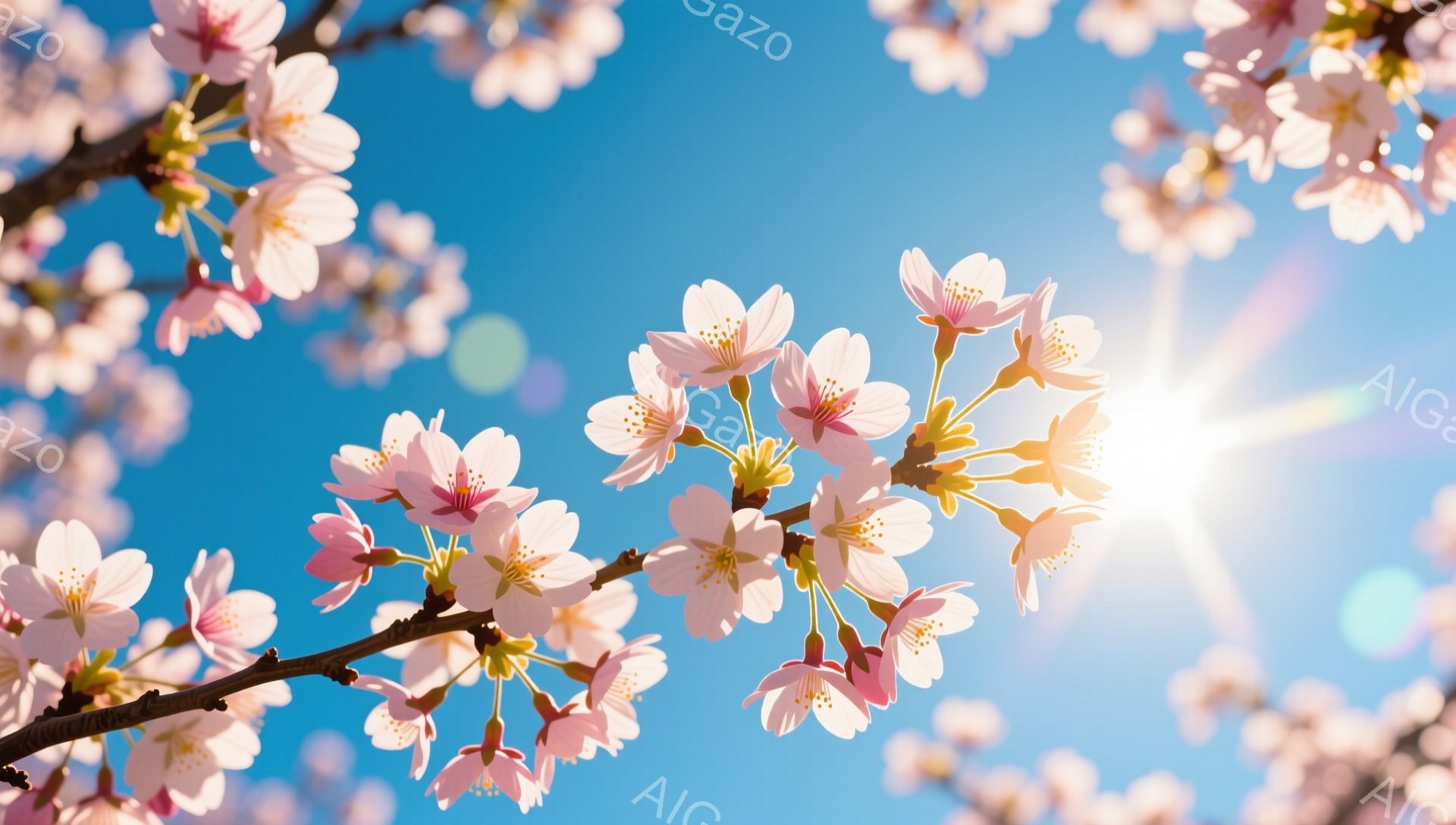 鮮やかな青空を背景に、桜の花が咲き誇る様子が捉えられています。太陽が燦々と輝き、花びらに光が差し込み、春の暖かさと生命力を感じさせます。ぼかしが入った太陽光が、幻想的な雰囲気を醸し出しています。 - AI生成フリー素材