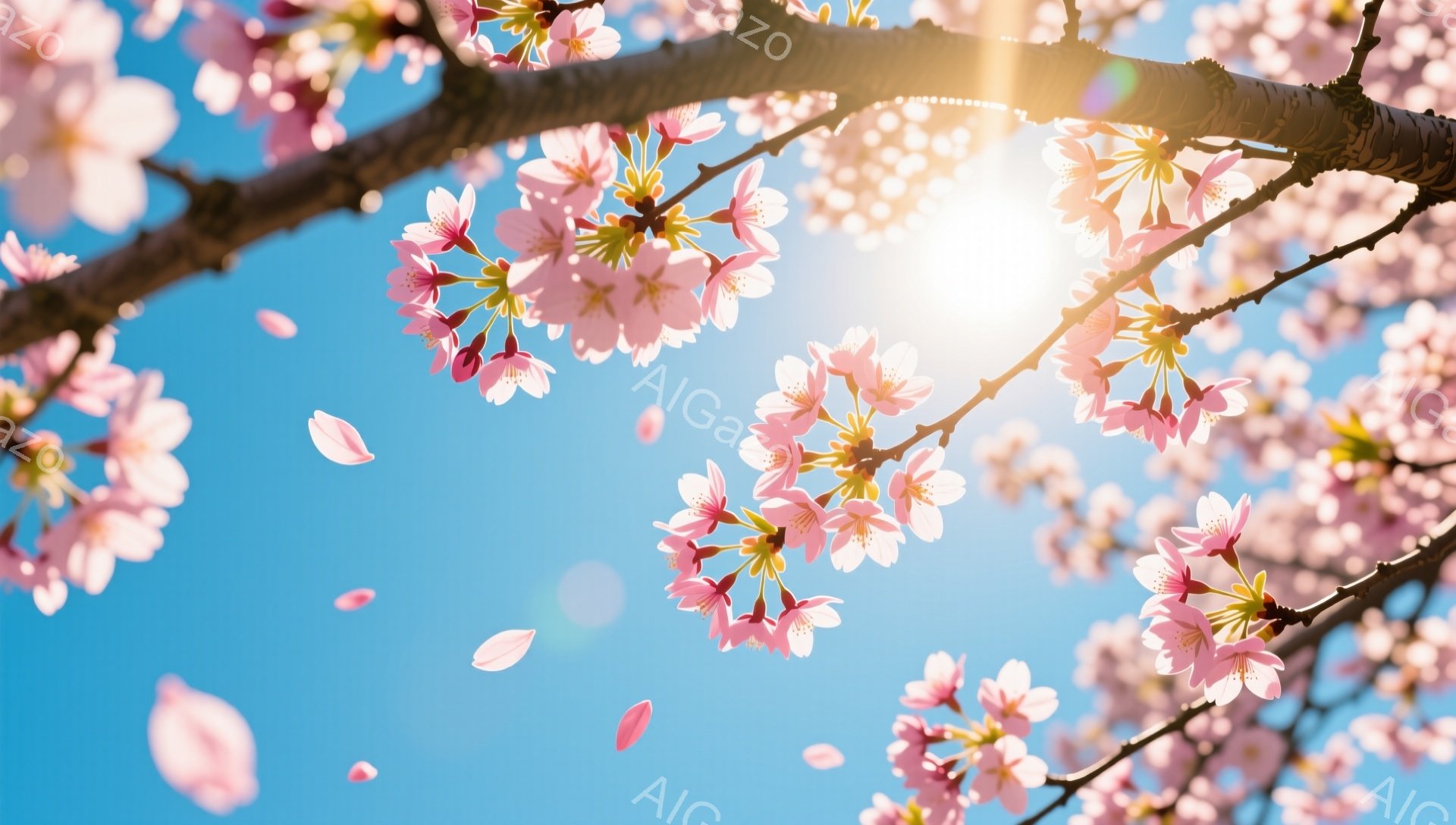 鮮やかな青空の下、桜の花が満開の枝が画面いっぱいに広がっています。ピンク色の花びらが風に舞い、太陽の光が花びらを照らし、春の暖かさと儚さを感じさせます。背景は澄み切った青空で、光のフレアが春の美しい瞬 - AI生成フリー素材