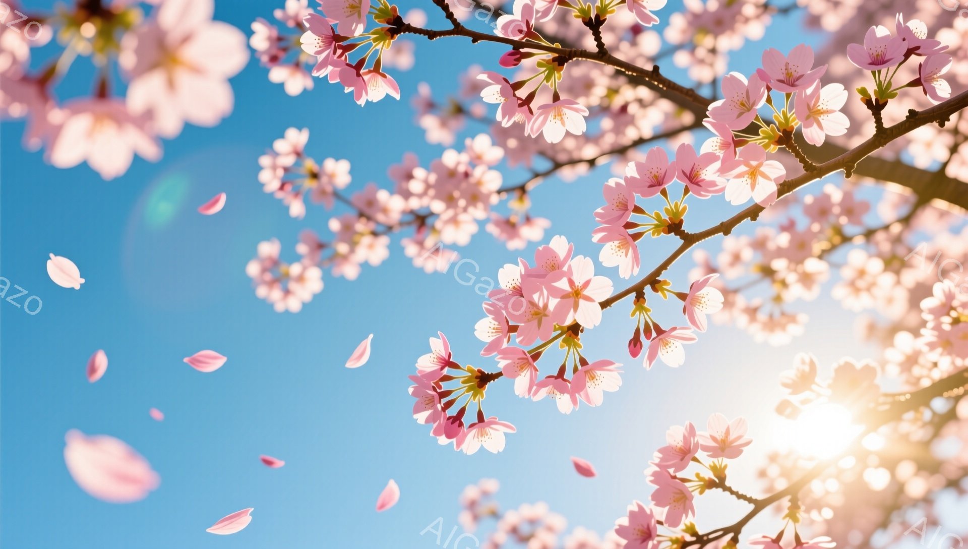 鮮やかな青空を背景に、桜の花びらが舞い散る様子が捉えられています。太陽の光が桜の花々を照らし、明るく華やかな雰囲気を演出しています。背景にはっきりとした建物などはなく、自然の美しさが際立っています。 - AI生成フリー素材