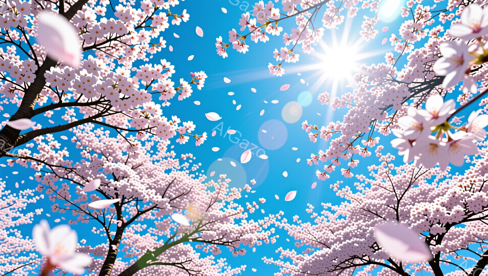 満開の桜が空を覆い、舞い散る花びらが美しい春の景色です。鮮やかな青空に輝く太陽が、桜の淡いピンク色をより一層引き立てています。全体的に暖かく、希望に満ちた雰囲気を感じさせます。