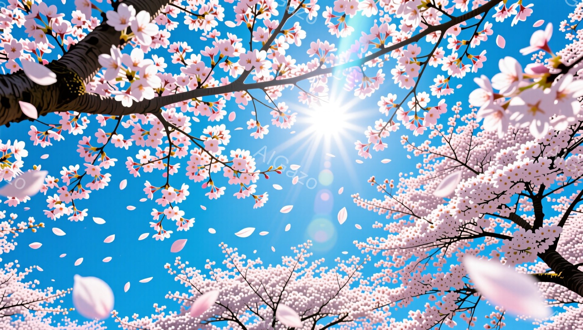 青空の下、桜の花びらが舞い散る様子が捉えられています。 満開の桜の枝が画面の上部から広がり、太陽の光が花びらを照らし、暖かく幻想的な雰囲気を醸し出しています。 鮮やかなピンク色の花々と青い空のコントラストが美しく、春の訪れを感じさせる穏やかな光景です。