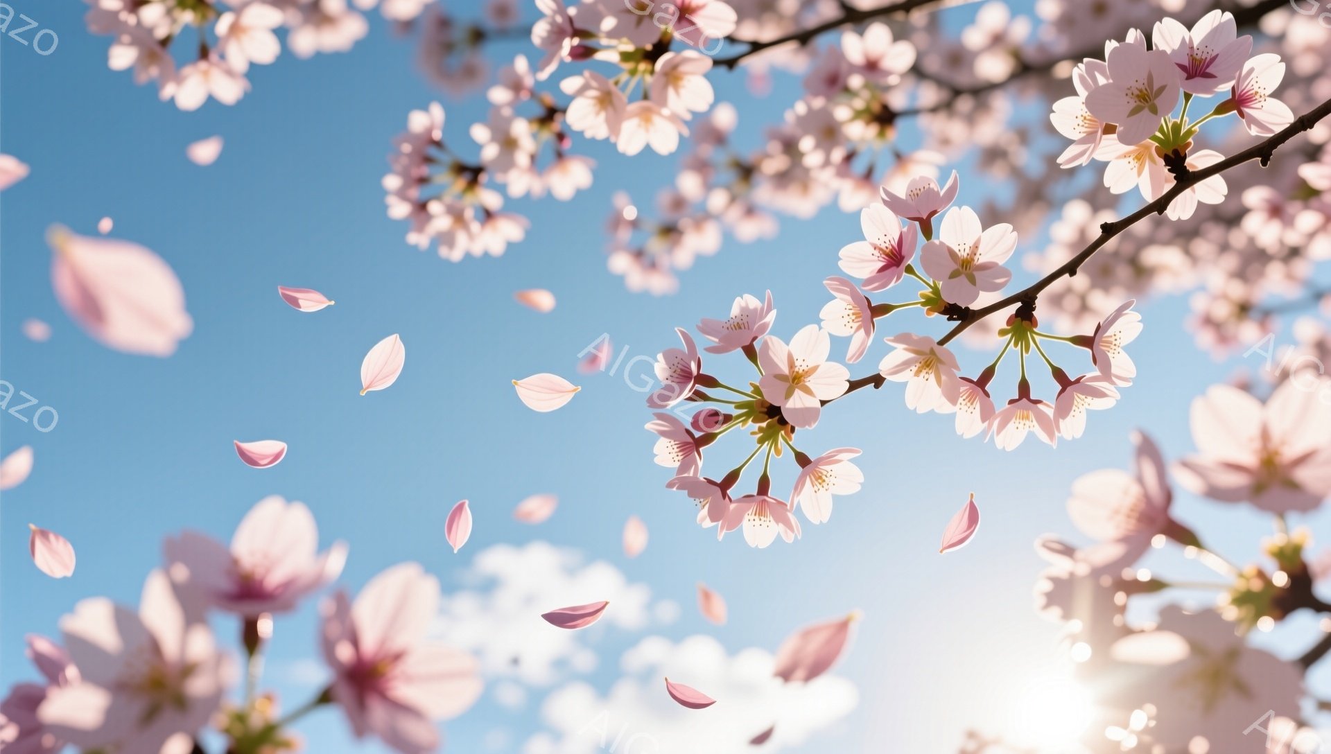鮮やかな青空を背景に、桜の花びらが舞い散る様子が捉えられています。桜の枝は画面の上部と両脇に配置され、ピンク色の花が満開で、春の暖かさと儚さを感じさせます。太陽の光が画面下部から差し込み、花びらを照ら - AI生成フリー素材