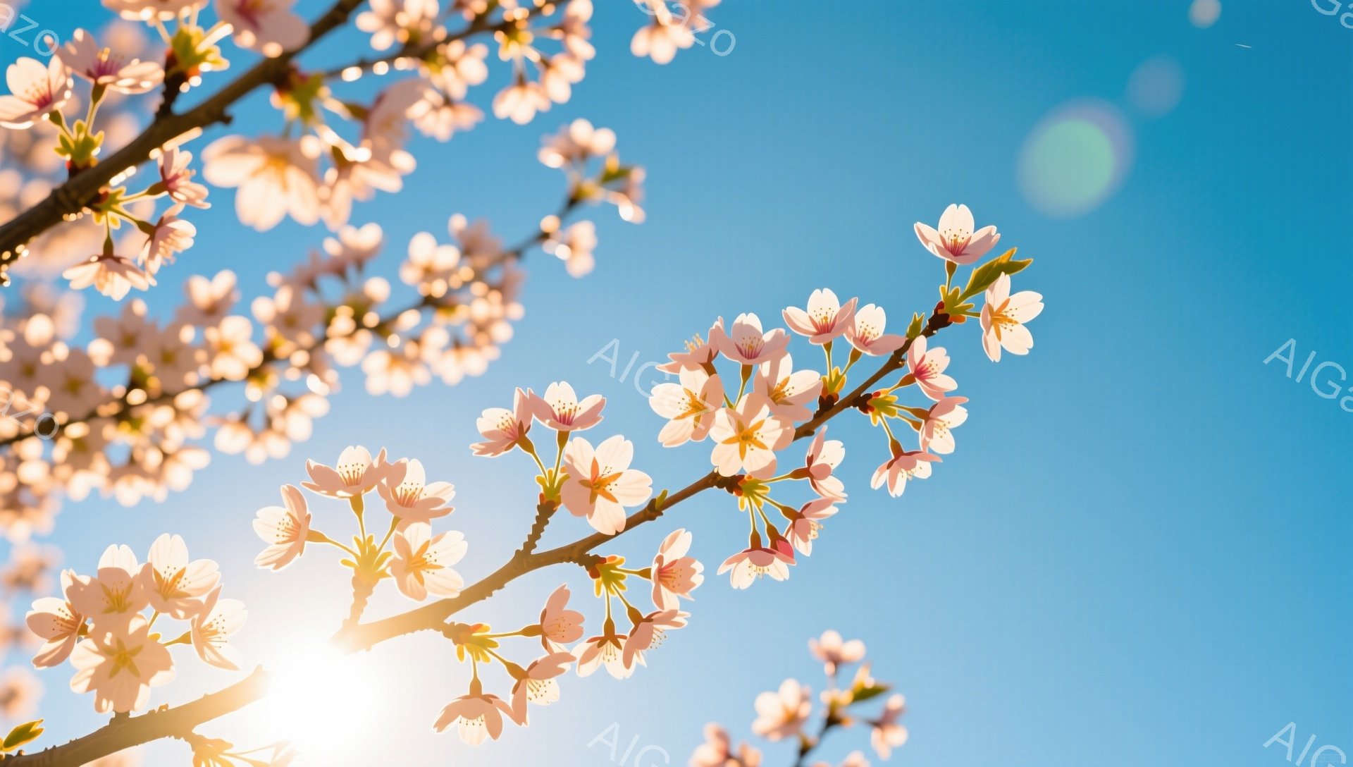 鮮やかな青空を背景に、桜の枝が大きく広がっている様子が捉えられています。薄桃色の花びらは太陽の光に照らされ、まるで宝石のように輝き、春の暖かさと生命力を感じさせます。太陽が花の間から差し込み、幻想的で - AI生成フリー素材