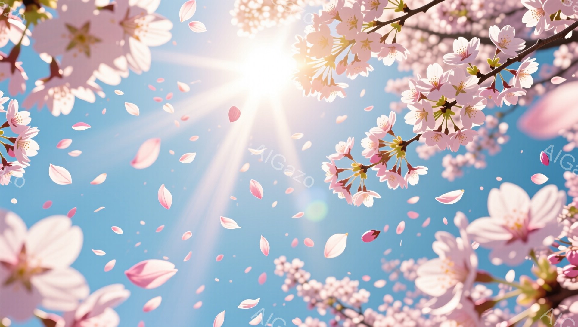 鮮やかな青空を背景に、桜の花びらが舞い散る様子が描かれています。太陽の光が強く、花びらは光の中で輝き、春の暖かさと生命力を感じさせます。全体的に、優雅で穏やかな雰囲気であり、春の訪れを象徴する美しい光景です。