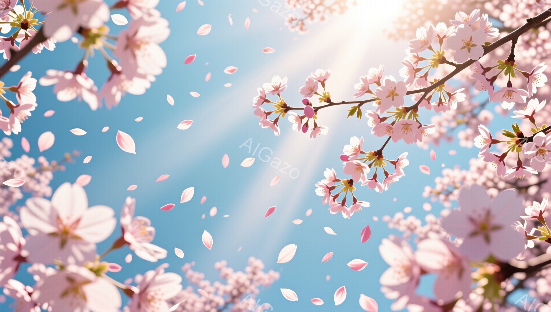 満開の桜が空を埋め尽くし、花びらが舞い散る様子が捉えられています。鮮やかなピンク色の桜の花は、春の暖かさと儚さを感じさせ、背景には青空が広がり、強い太陽光線が差し込んでいます。全体的に、春の美しさと生 - AI生成フリー素材