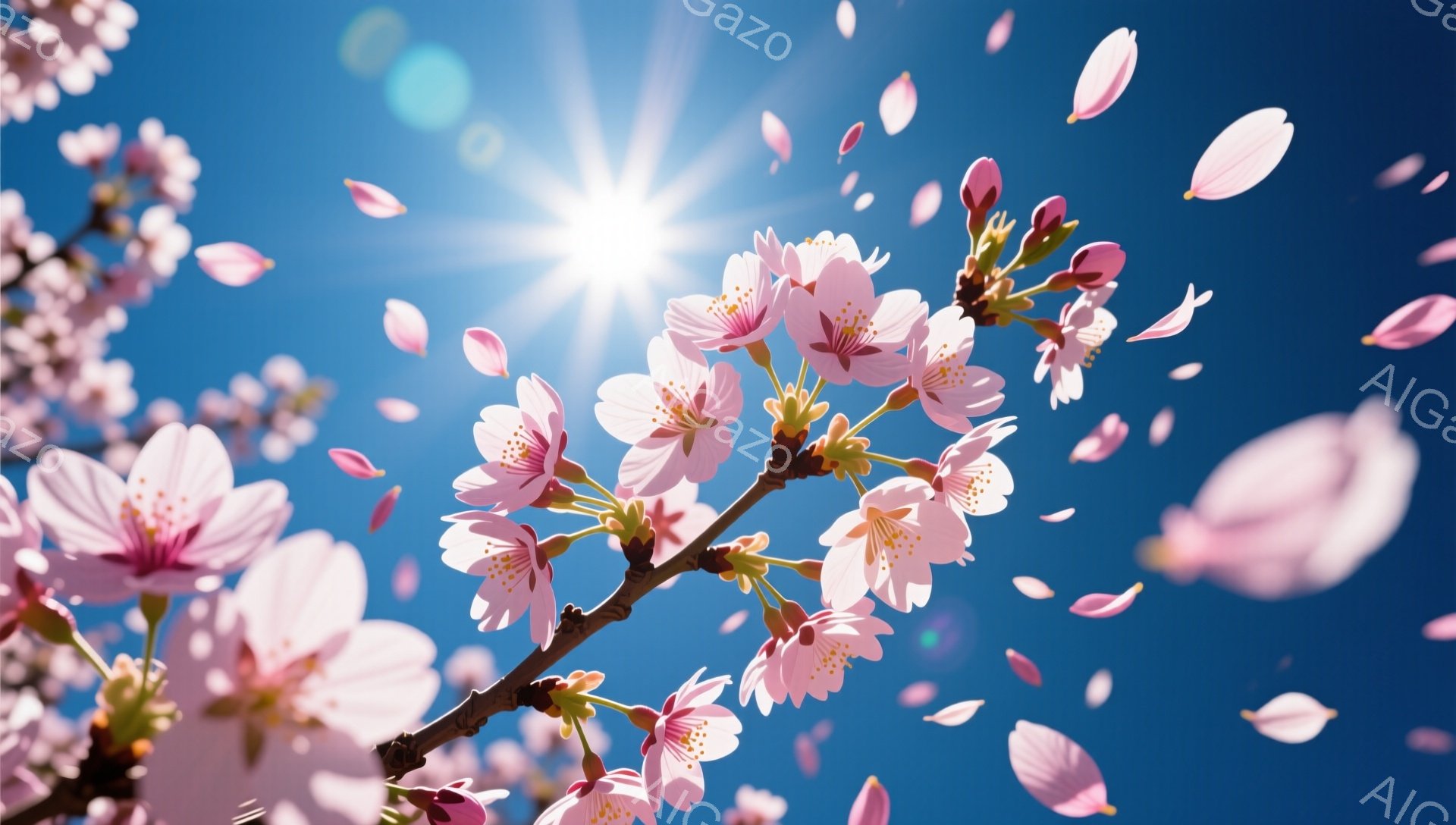 桜の花びらが舞い散る様子が捉えられた写真です。青空を背景に、ピンク色の桜の花が咲き誇り、太陽の光が花びらを照らし、幻想的な雰囲気を醸し出しています。春の暖かさと美しさを感じさせる、爽やかな一枚です。 - AI生成フリー素材
