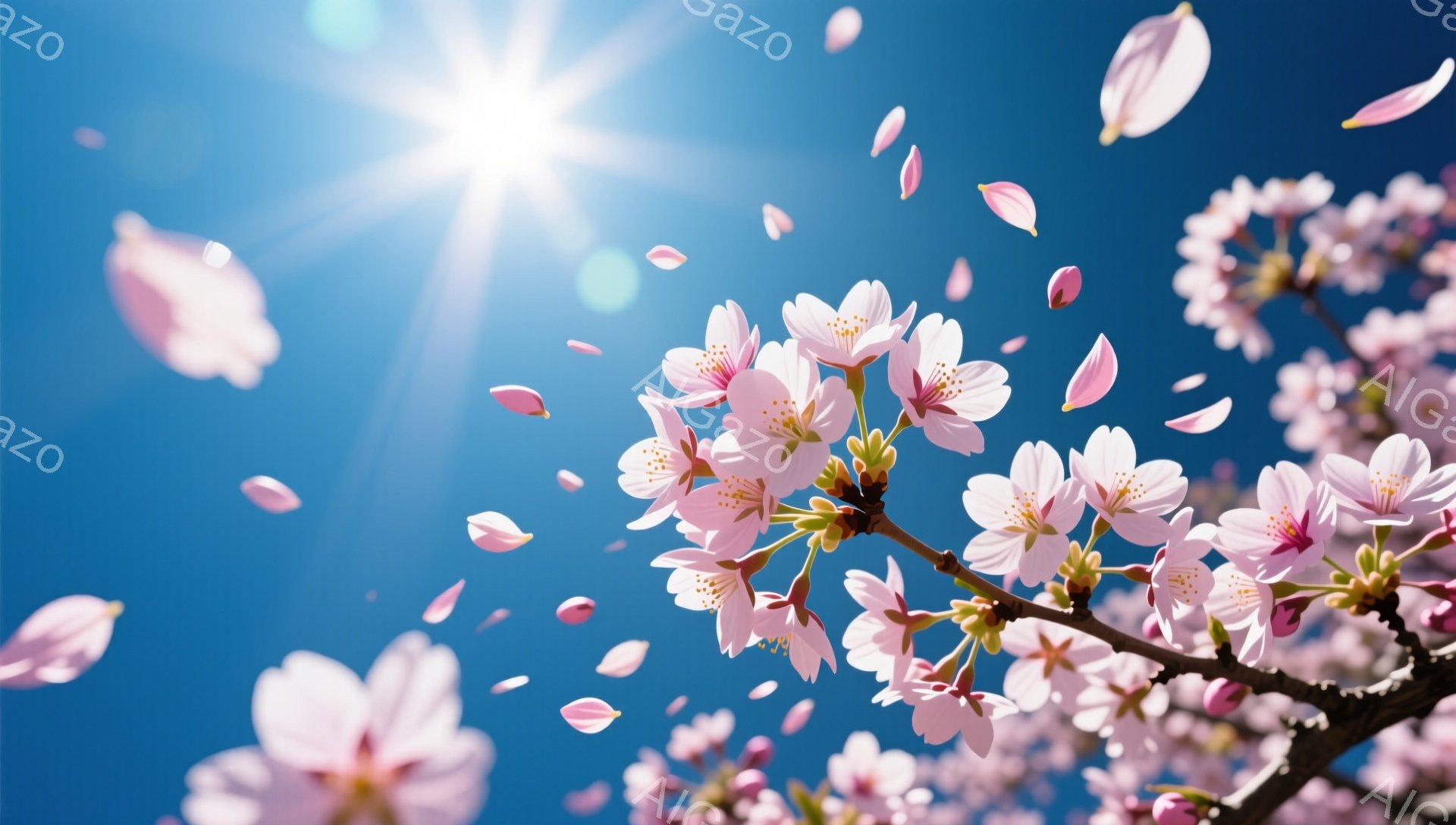鮮やかな青空を背景に、桜の花が咲き誇り、花びらが舞い散っている様子が描かれています。太陽が強く輝き、春の暖かさと生命力を感じさせる、希望に満ちた光景です。桜の花は淡いピンク色で、枝には新しい芽が顔を覗 - AI生成フリー素材