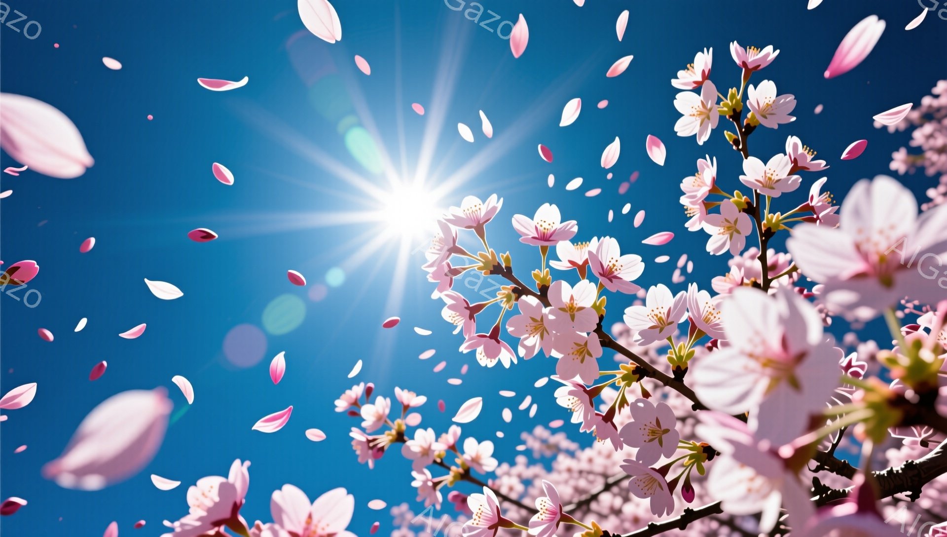 鮮やかな青空を背景に、桜の花びらが舞い散る様子が捉えられています。 桜の枝は画面の右側に密集し、ピンク色の花が咲き誇り、太陽の光を受けて輝いています。 全体的に明るく、春の暖かさと生命力に満ちた、穏や - AI生成フリー素材