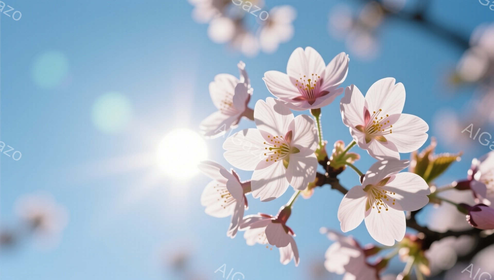 鮮やかな青空を背景に、桜の花が咲き誇っている様子が捉えられています。淡いピンク色の花びらは太陽の光を浴びて輝き、中心部には黄色の雄しべが覗いています。光の加減で花びらの透明感が増し、春の暖かさと生命力 - AI生成フリー素材