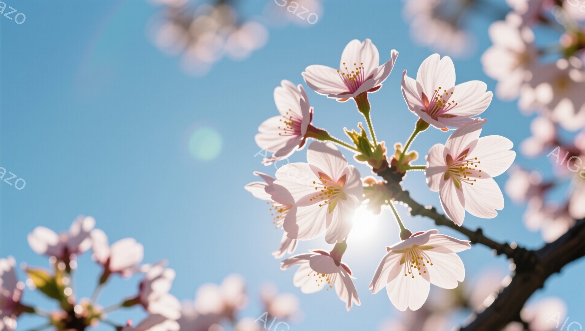 桜の花が咲き誇り、太陽の光が透けて明るい青空を背景にしています。花びらは薄いピンク色で、繊細な美しさを際立たせており、春の暖かさや生命力を感じさせます。全体的に柔らかな光に包まれ、穏やかで希望に満ちた - AI生成フリー素材
