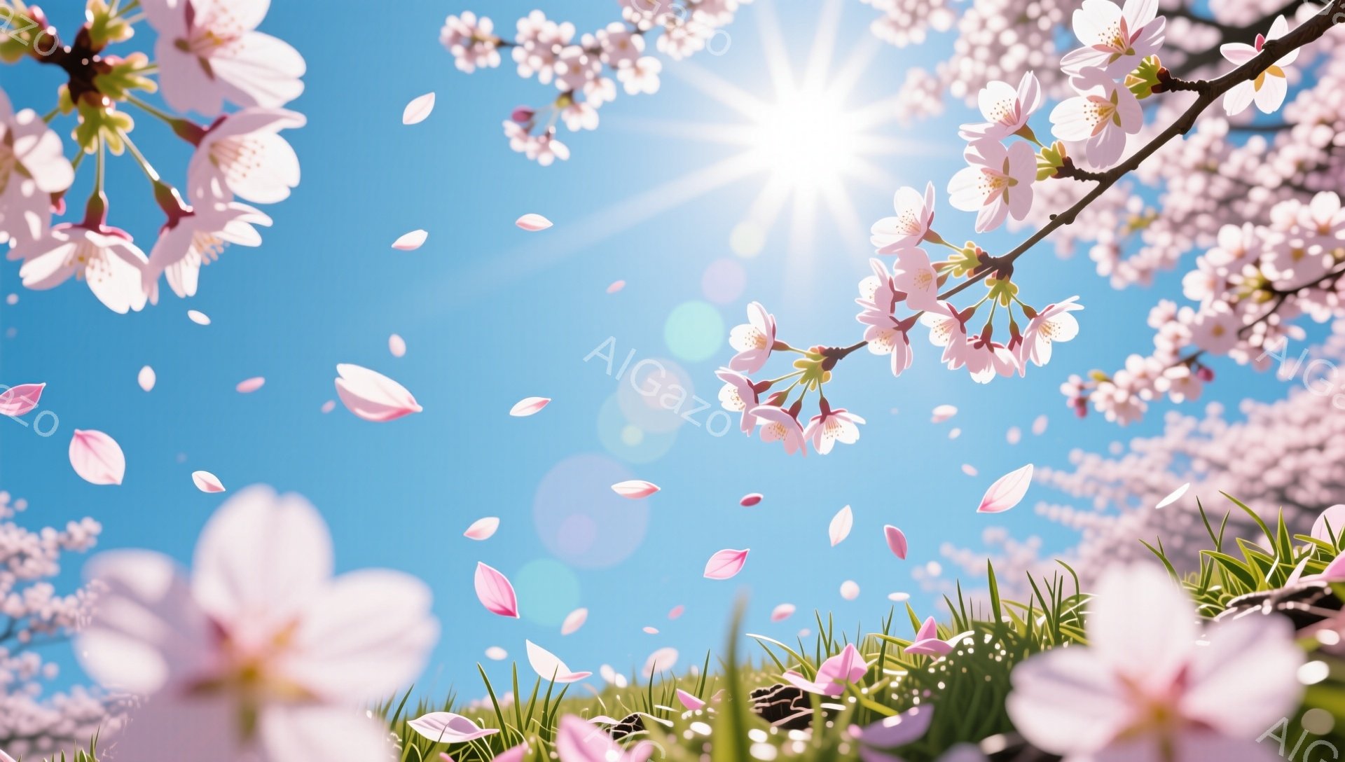 鮮やかな青空の下、桜の花びらが舞い散る様子が描かれています。緑の草むらと、満開の桜の枝がフレームを彩り、春の暖かさと生命力を感じさせます。太陽の光が花びらを照らし、幻想的な雰囲気を醸し出しています。 - AI生成フリー素材