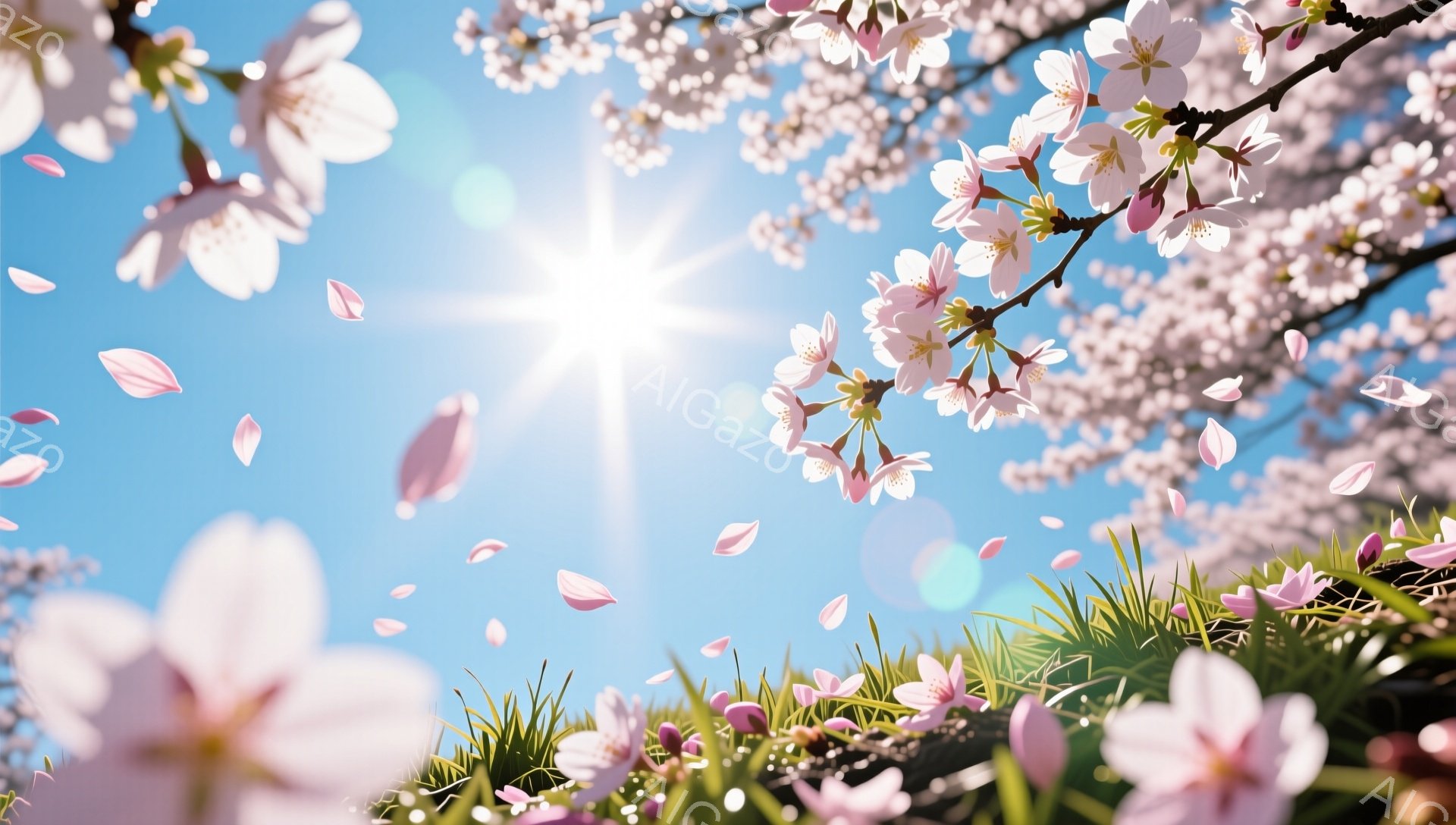 青空の下、桜が満開で、花びらが風に舞っている様子が描かれています。緑の草むらが広がり、太陽が明るく輝き、春の穏やかで暖かい雰囲気を醸し出しています。全体的に柔らかい光が差し込み、優雅で幻想的な情景を作り出しています。