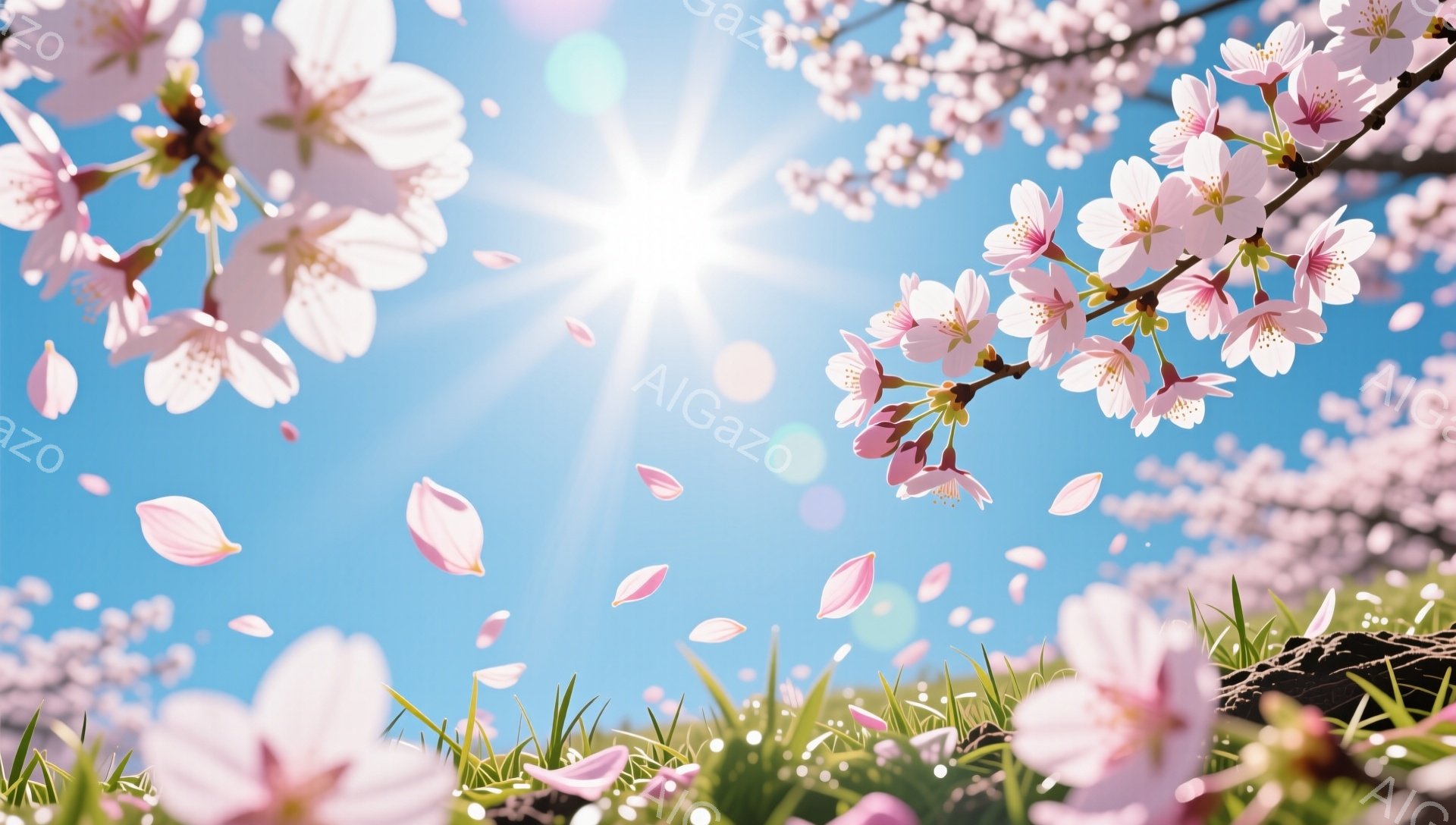青空の下、桜の花びらが舞い散る春の風景です。緑の草むらが広がり、背景にはぼんやりと桜の木々が見えます。太陽の光が強く、明るく希望に満ちた、穏やかな雰囲気を醸し出しています。 - AI生成フリー素材