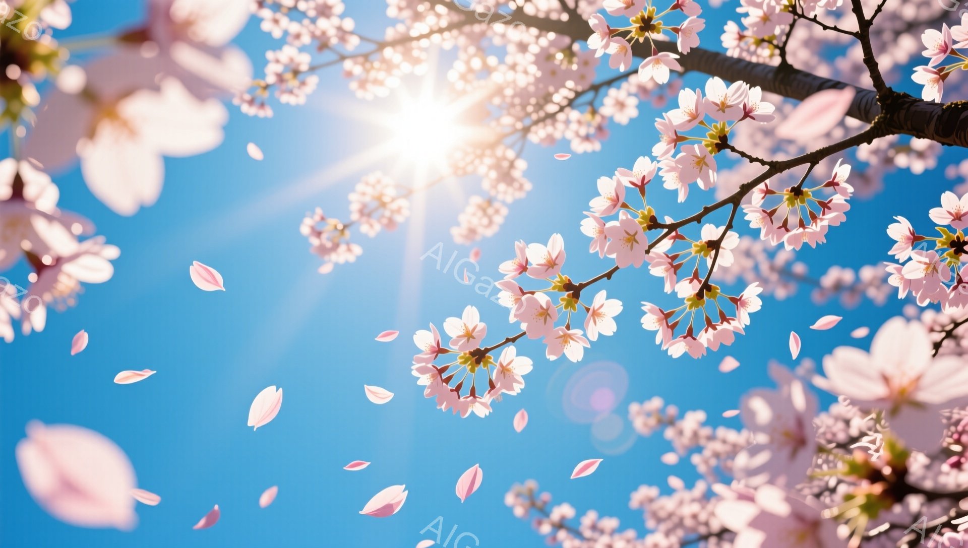 青空を背景に、満開の桜の花びらが舞い散る様子が捉えられています。太い枝に密集した淡いピンク色の花は、春の暖かさと生命力を感じさせ、太陽の光を受けて輝いています。花びらは風にのって空中に散らばり、穏やか - AI生成フリー素材