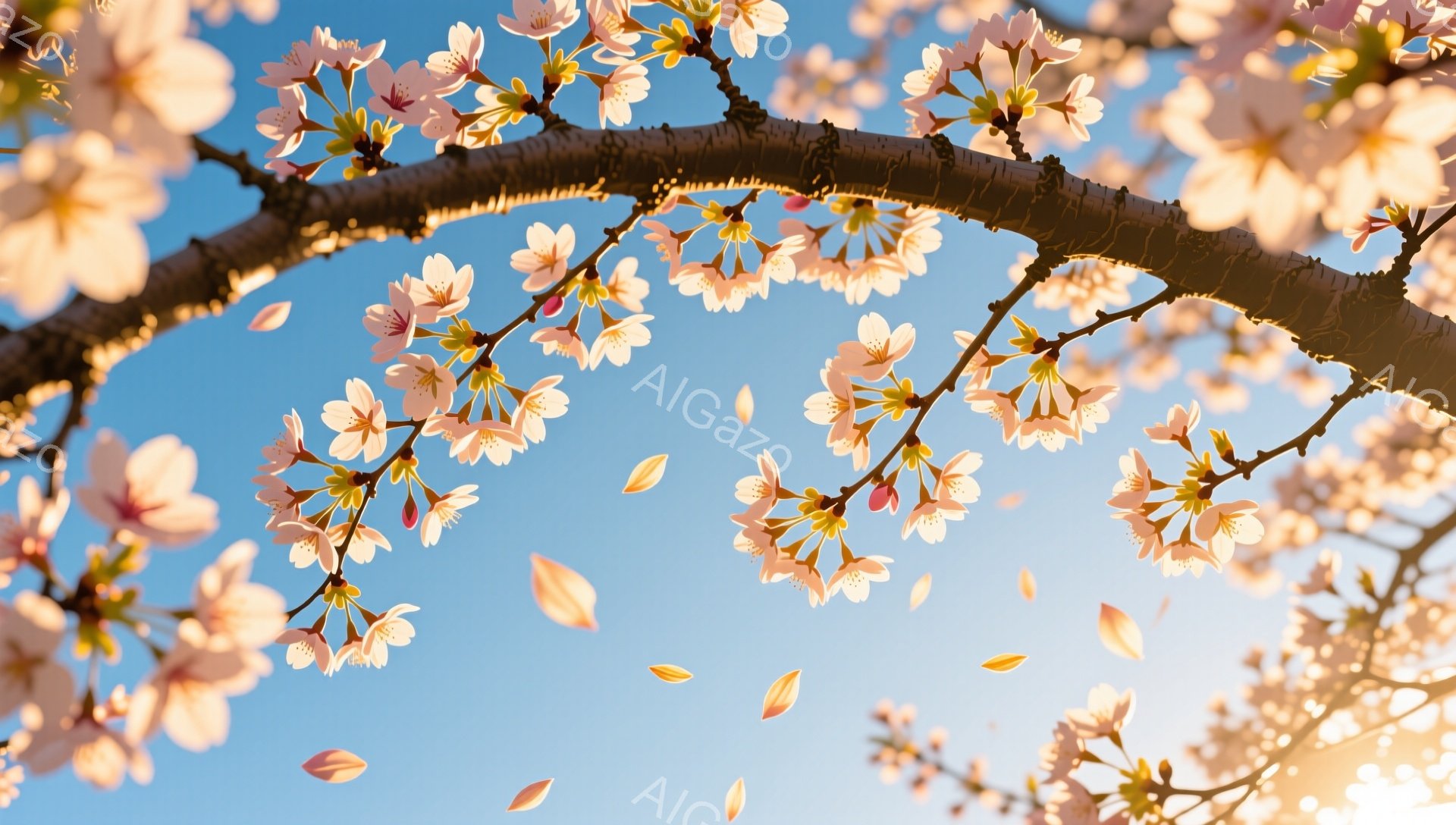 桜の枝が青空を背景に大きく広がっており、ピンク色の花が満開で、花びらが舞い散っている様子が捉えられています。太陽の光が差し込み、花びらがキラキラと輝き、春の暖かく優しい雰囲気を演出しています。全体的に、穏やかで幻想的な春の情景が表現されています。