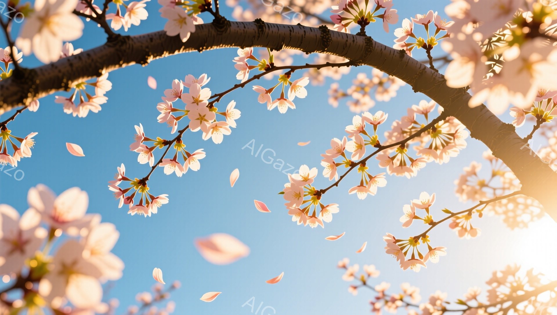 桜の枝が青空に広がり、花びらが舞い散っている様子が捉えられています。太陽の光が花びらを照らし、柔らかく優しい雰囲気を醸し出しています。背景は明るい水色で、春の穏やかな一日が感じられます。 - AI生成フリー素材